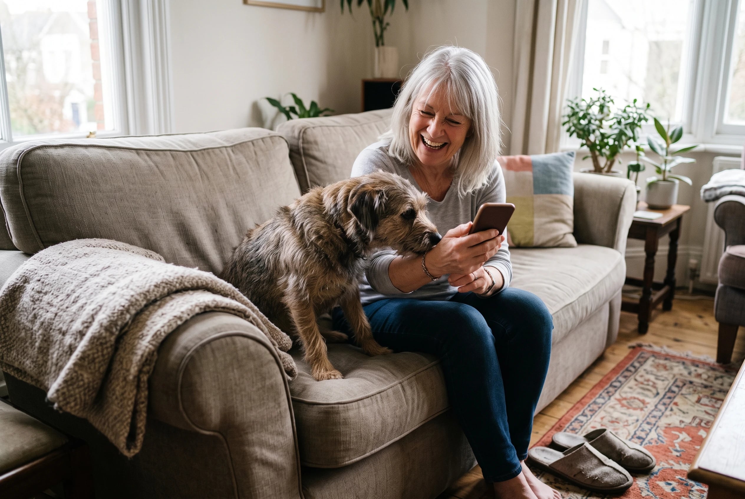 A woman in her sixties records a spoken story on her phone in her living room.
