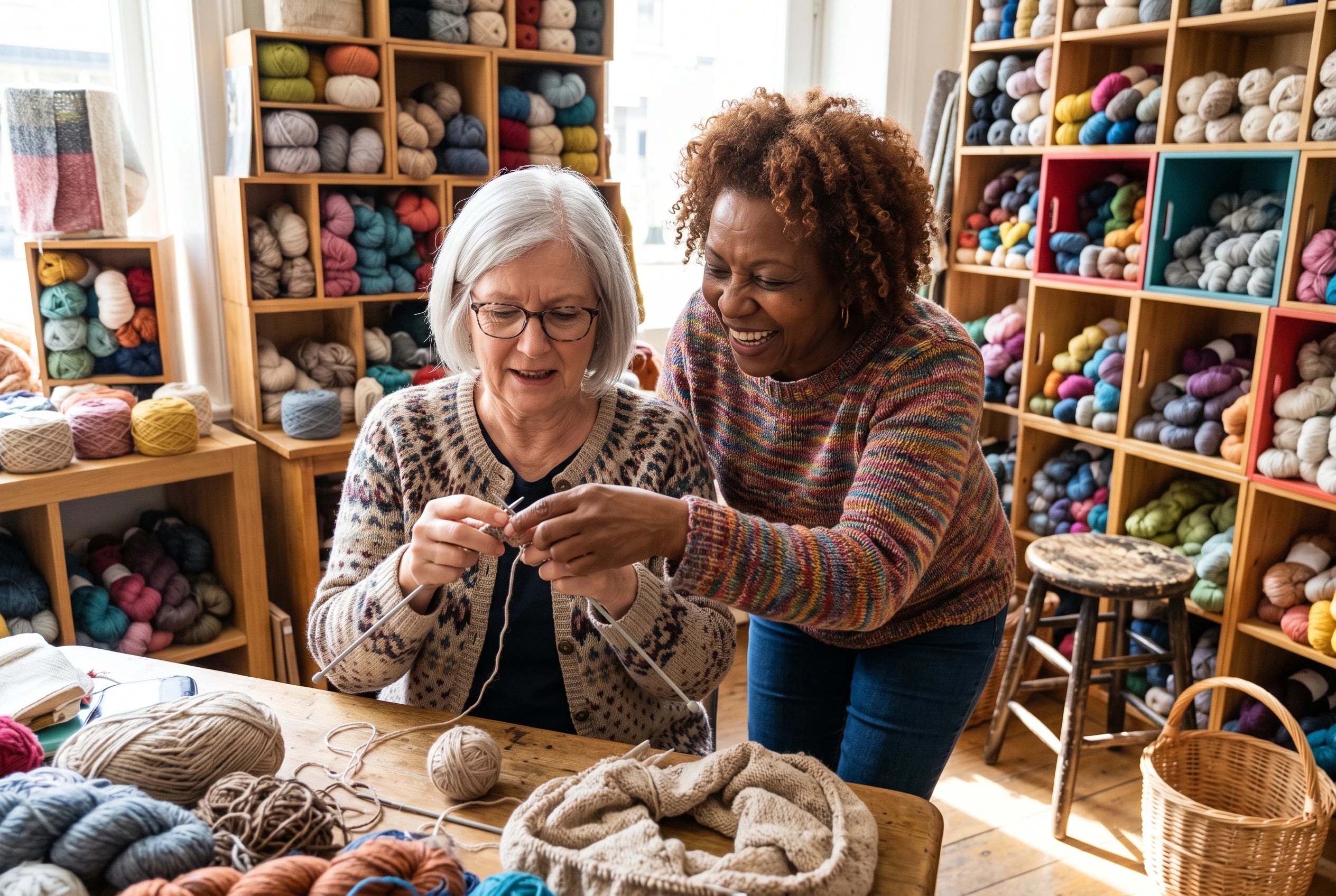 Two women in their sixties knit side by side inside a yarn shop.
