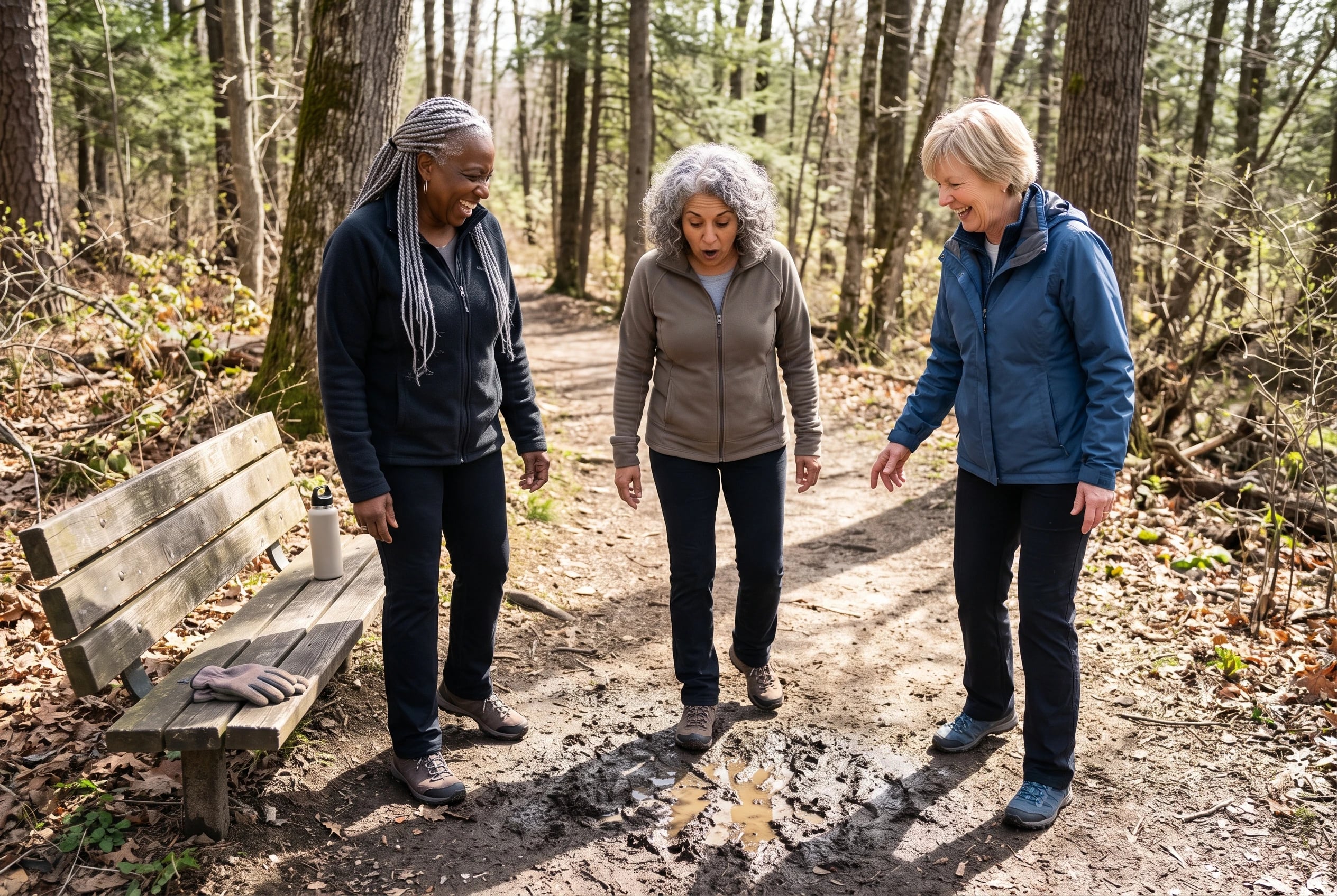 Three women in their sixties walk together on a wooded public trail.