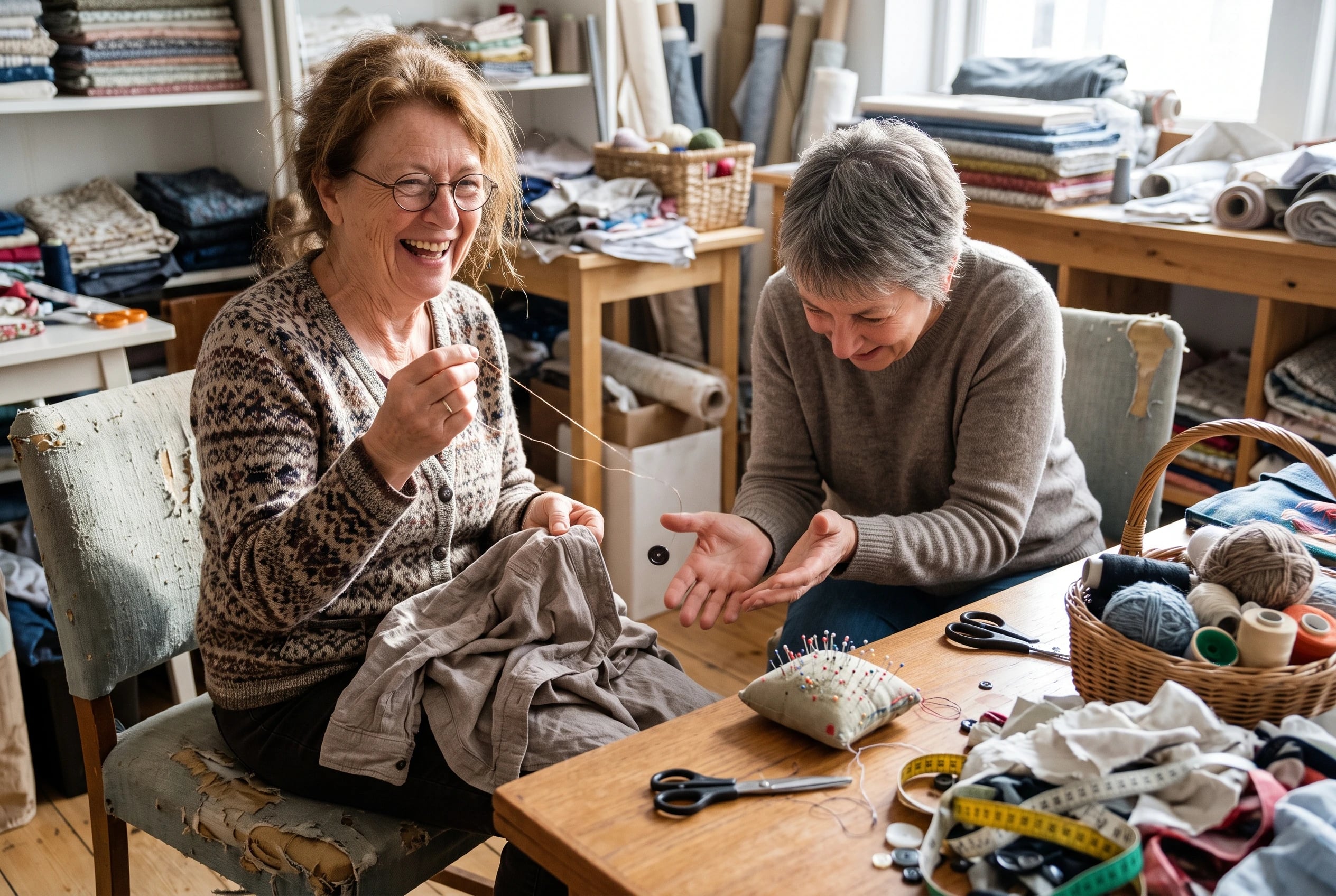 A woman in her sixties sews a button onto a shirt at a fabric shop gathering.