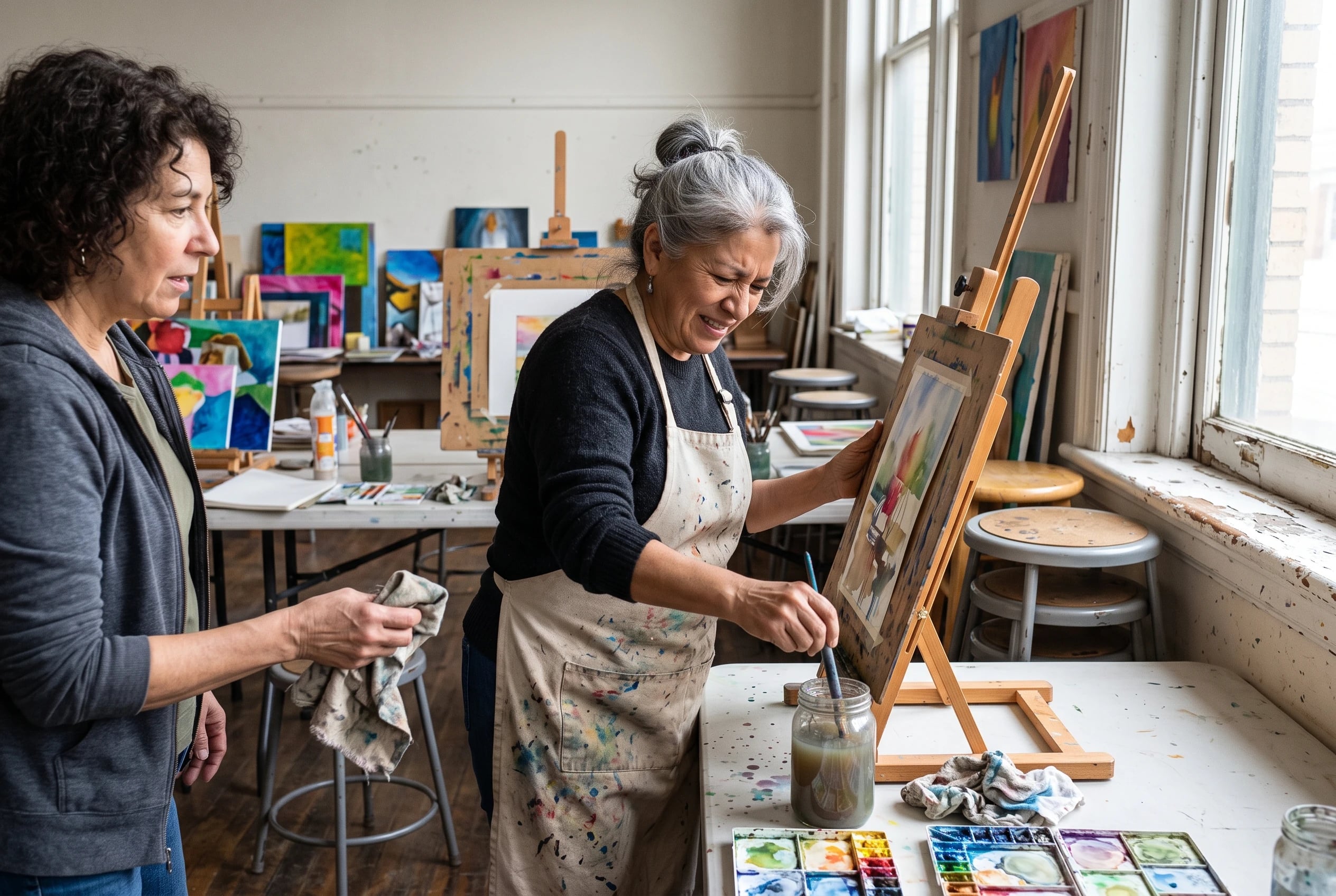 A woman in her sixties rinses a watercolor brush at an easel in a community art room.