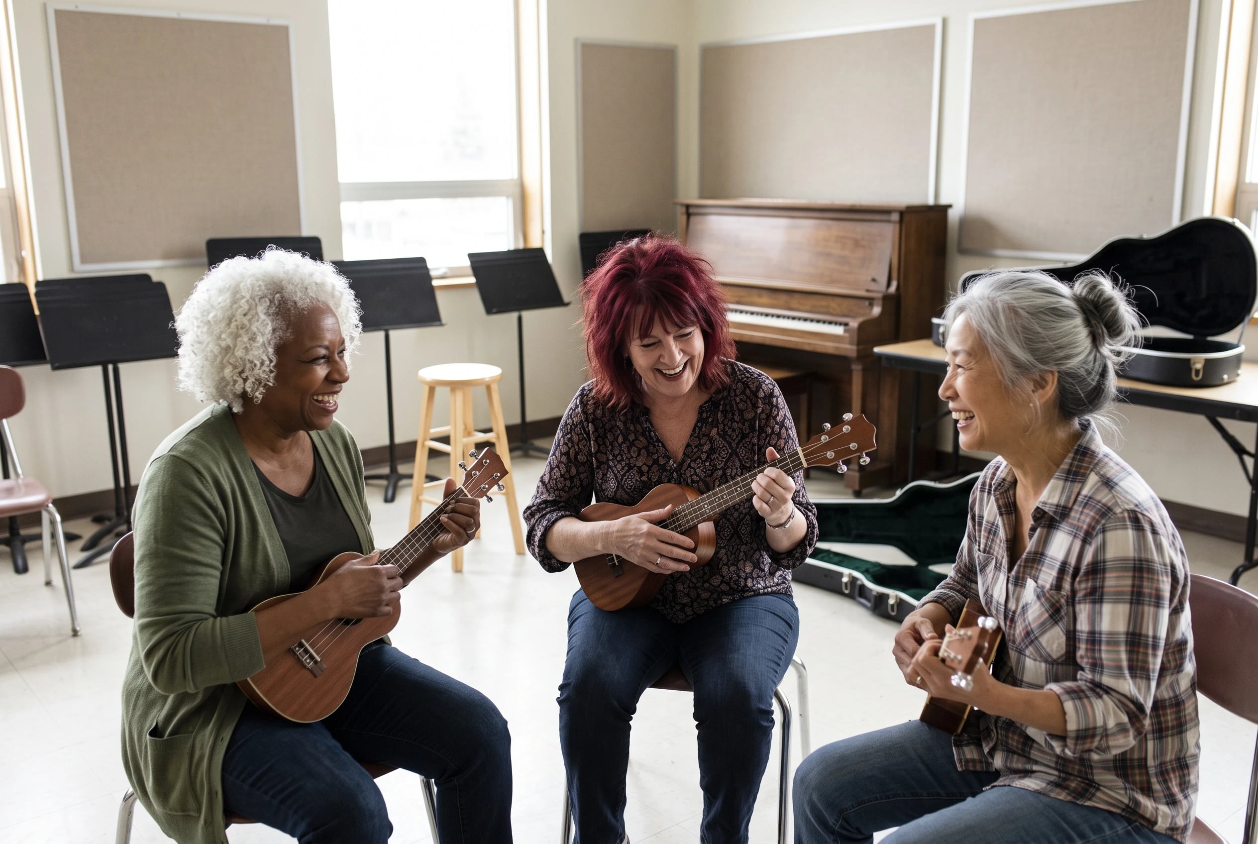 Three women in their sixties play ukuleles together in a music classroom.