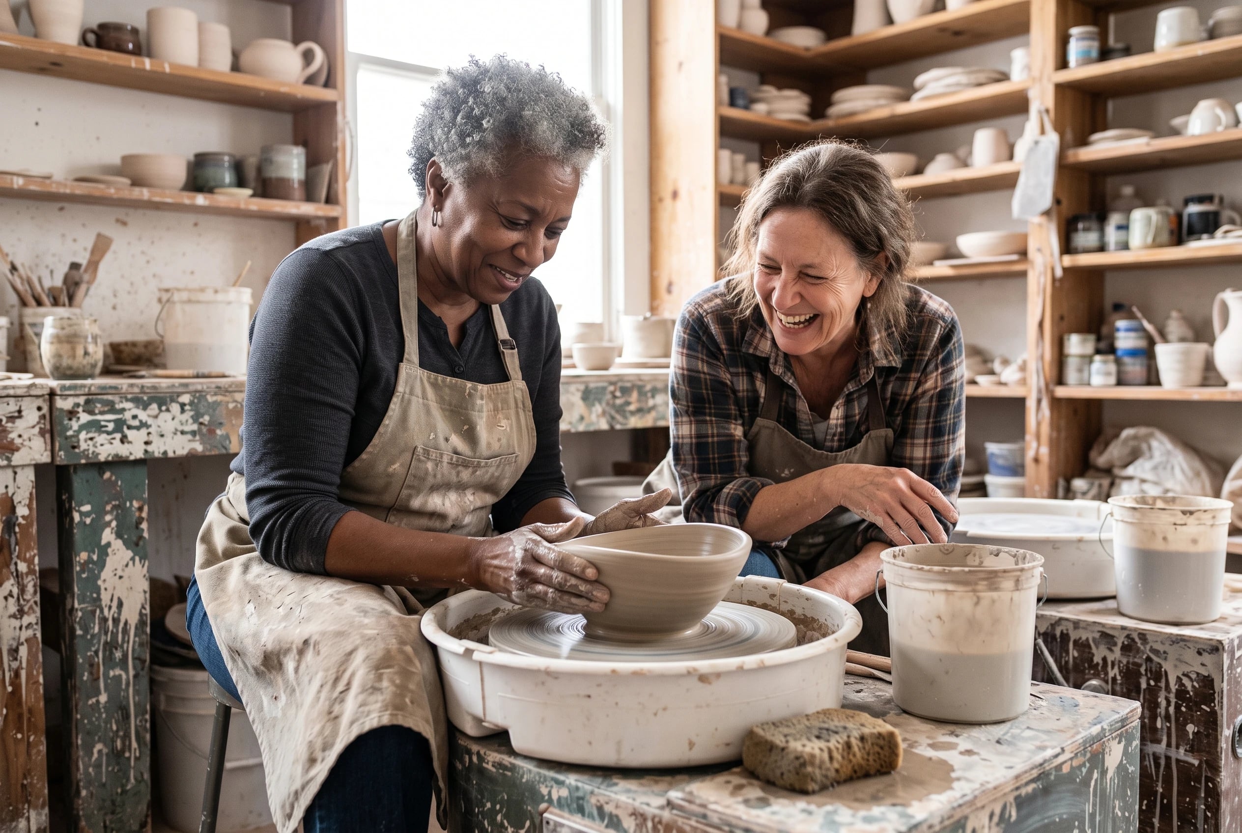 A woman in her sixties shapes a clay bowl in a pottery studio.