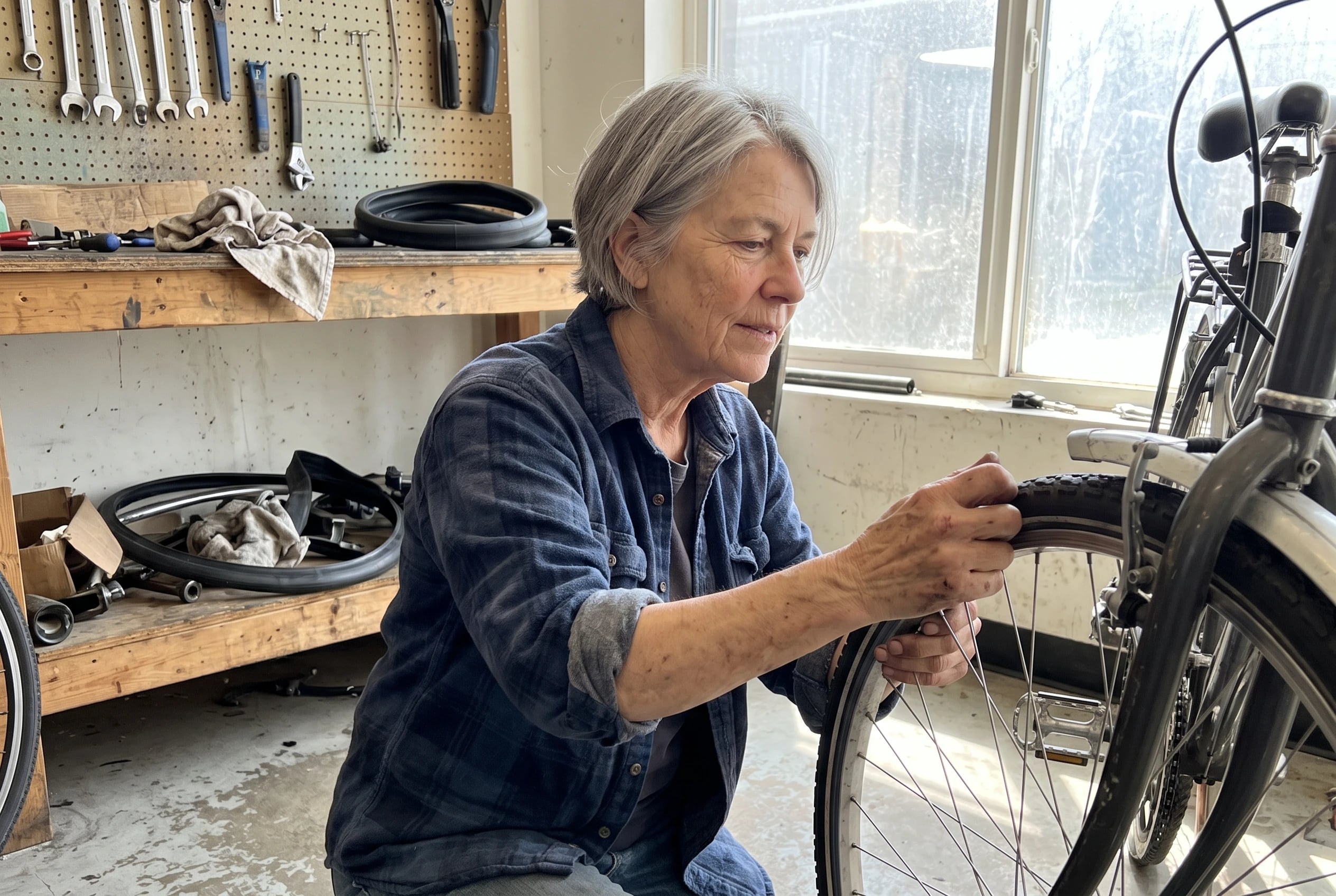 A woman in her sixties checks a bicycle tire in a volunteer repair workshop.