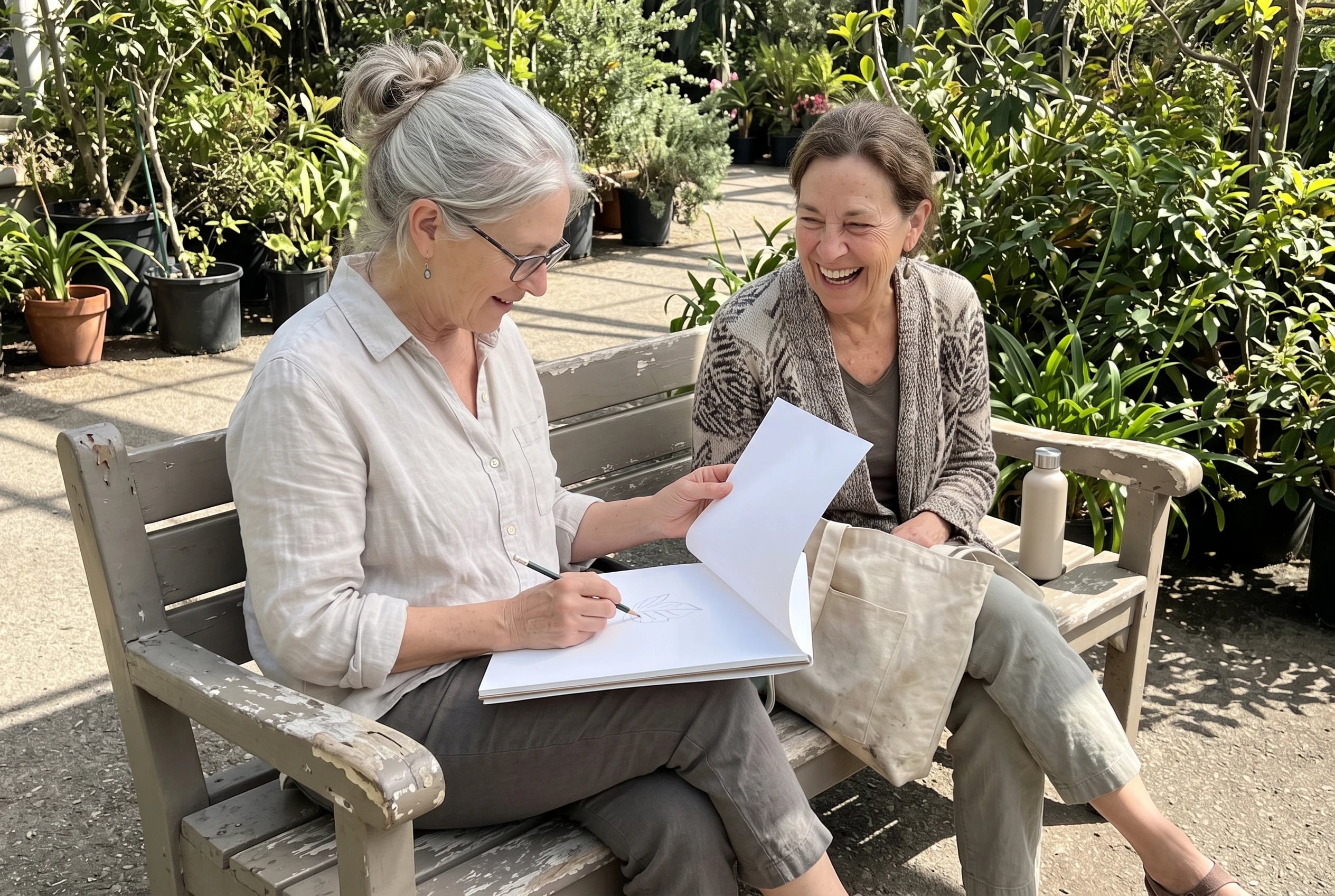 A woman in her sixties sketches a leaf while seated in a botanical garden.