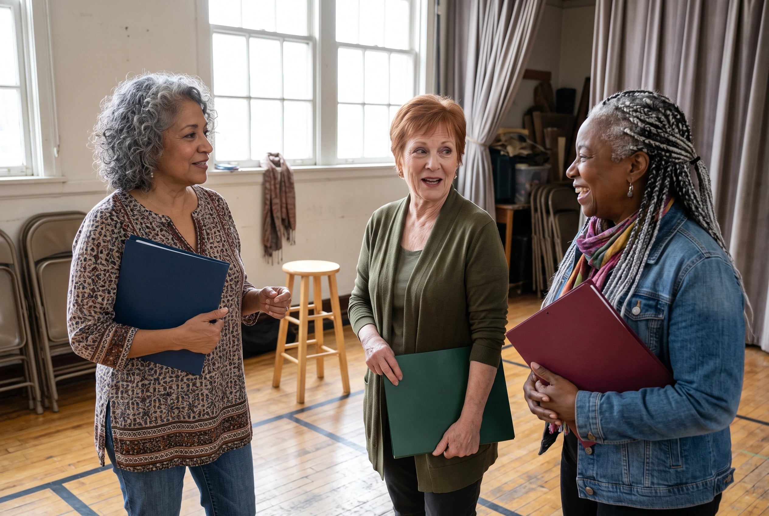 Three women in their sixties read aloud from scripts in a community theater rehearsal room.