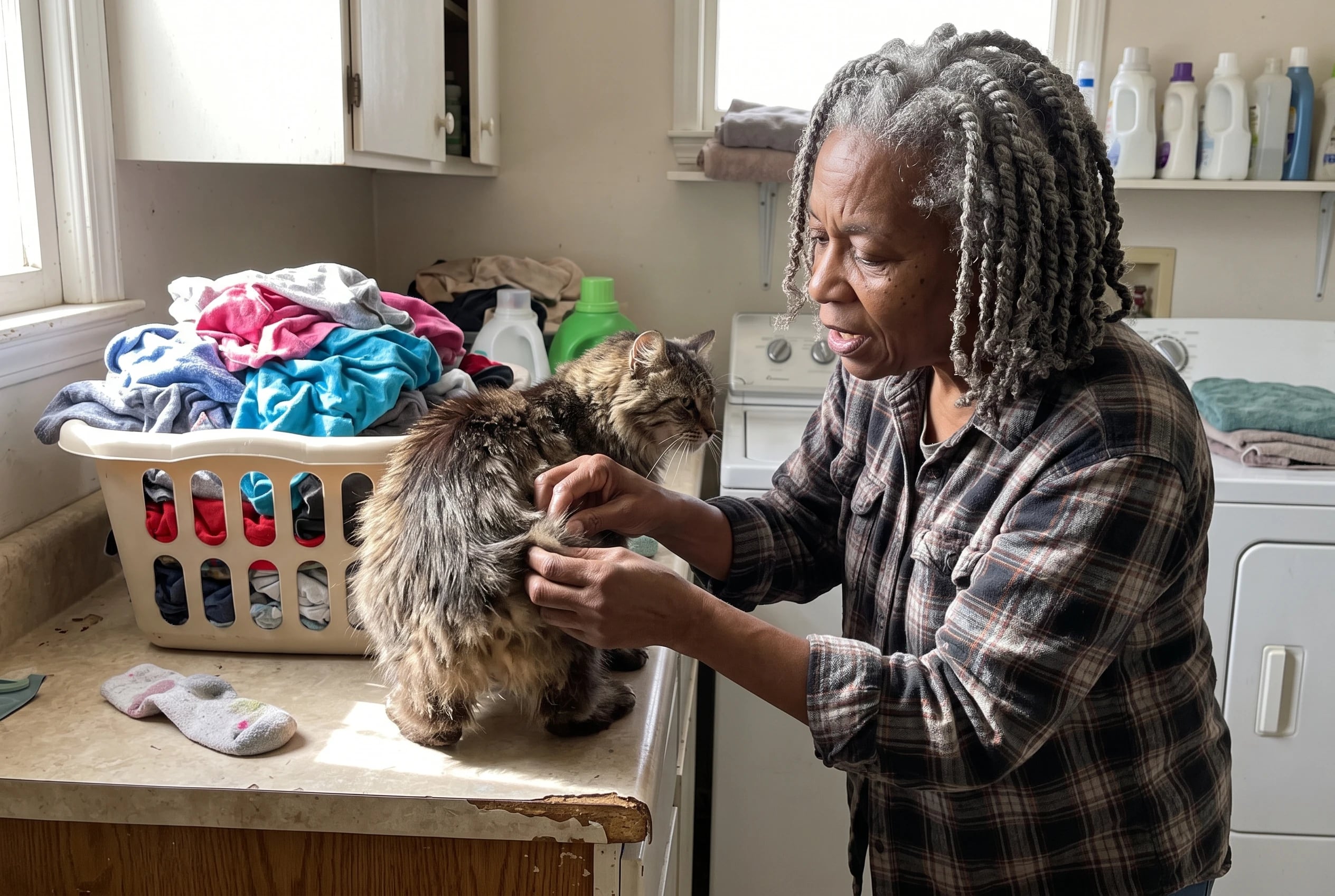 A woman parts the fur near her cat’s hindquarters in a laundry room.