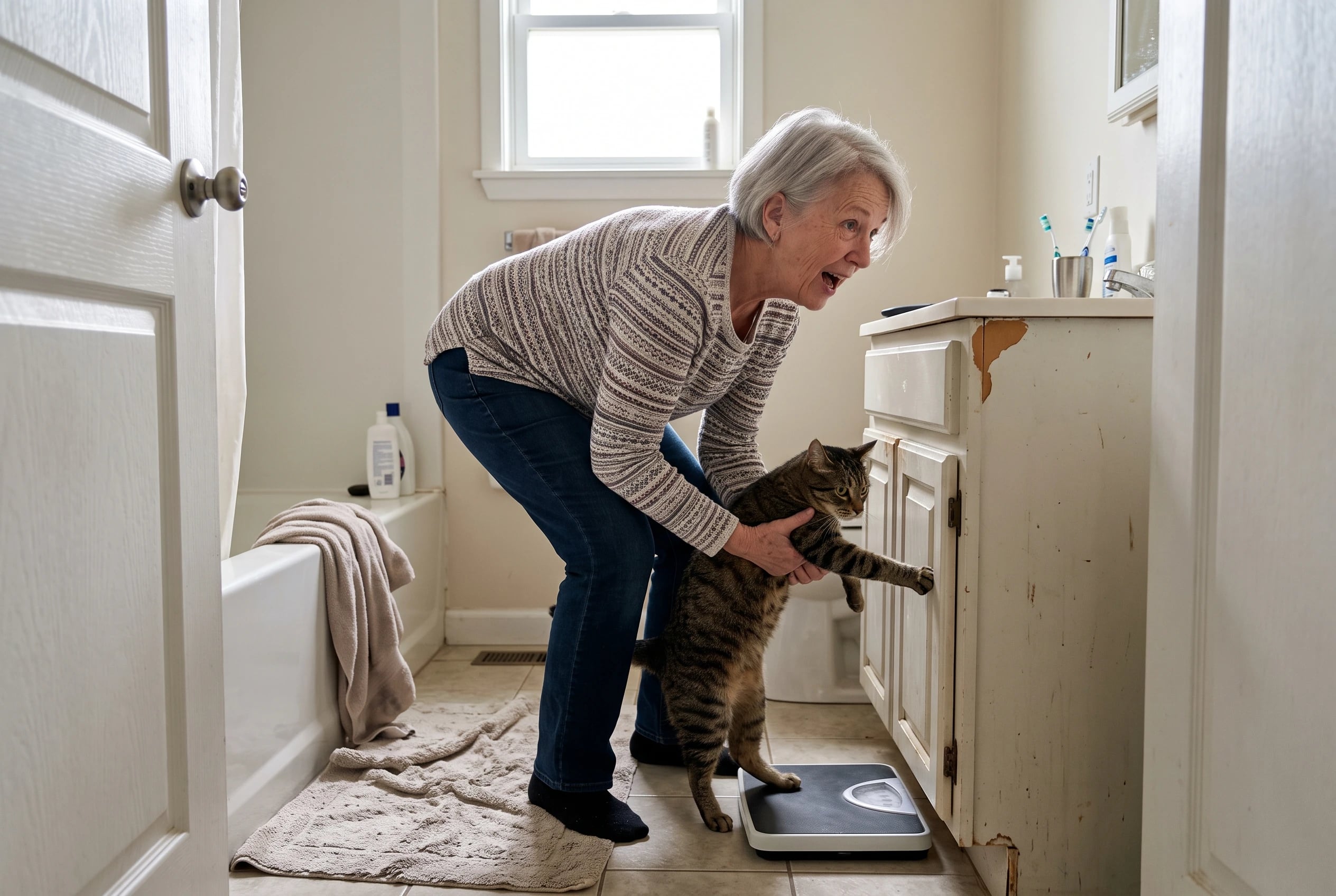 An older woman lifts her cat onto a scale in the bathroom.