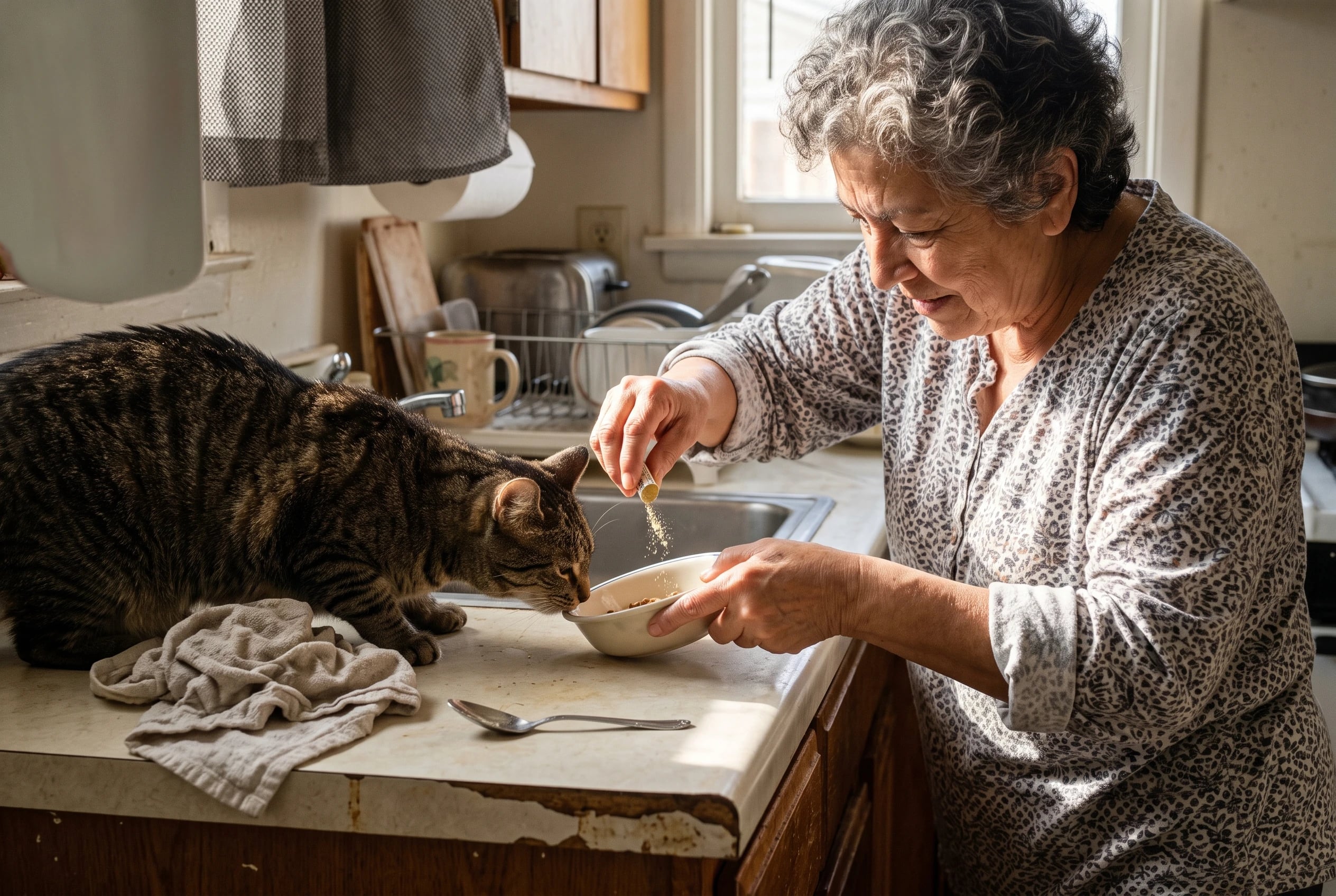 A woman sprinkles a capsule over cat food at a kitchen counter.