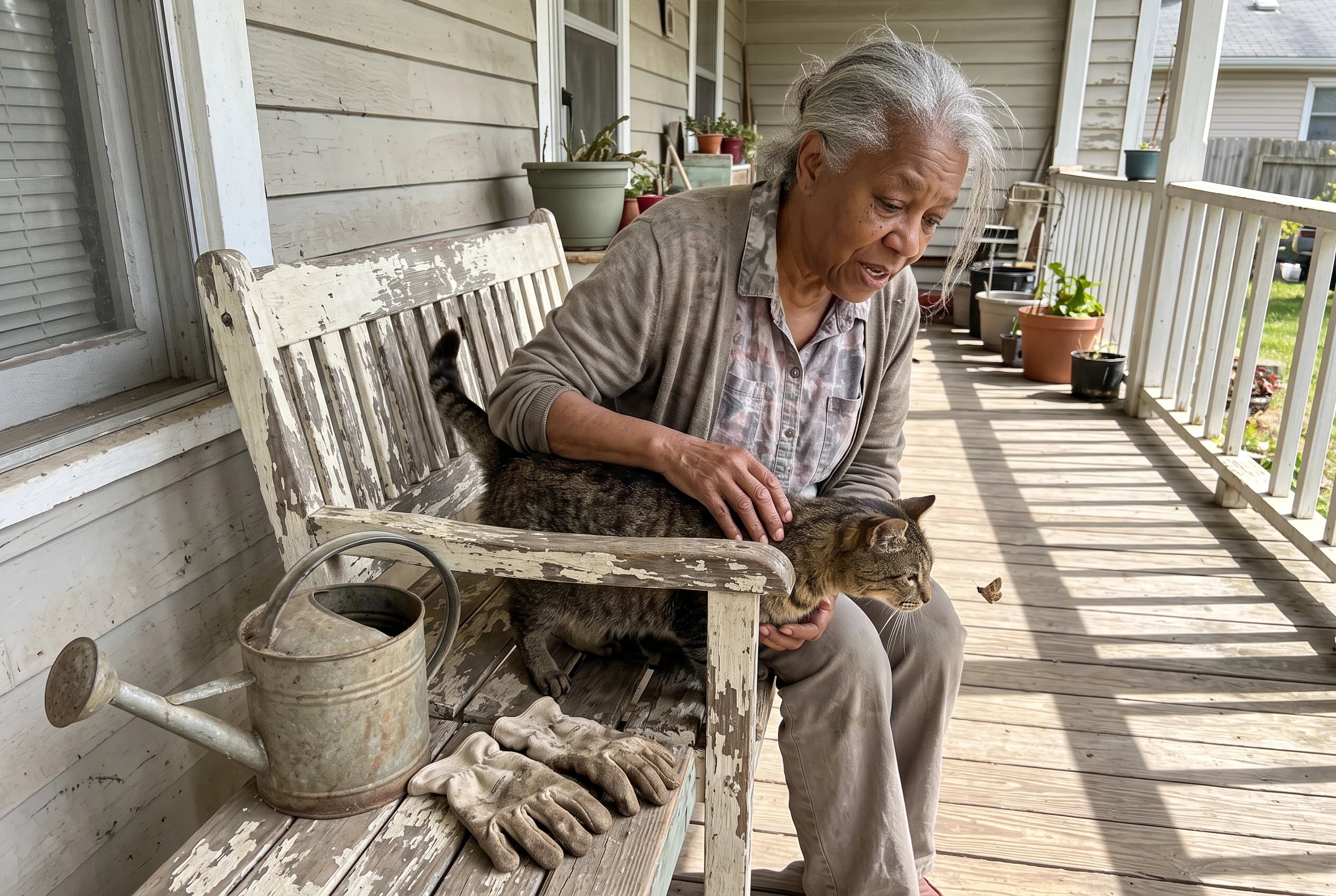 A woman strokes her older cat on a porch bench.