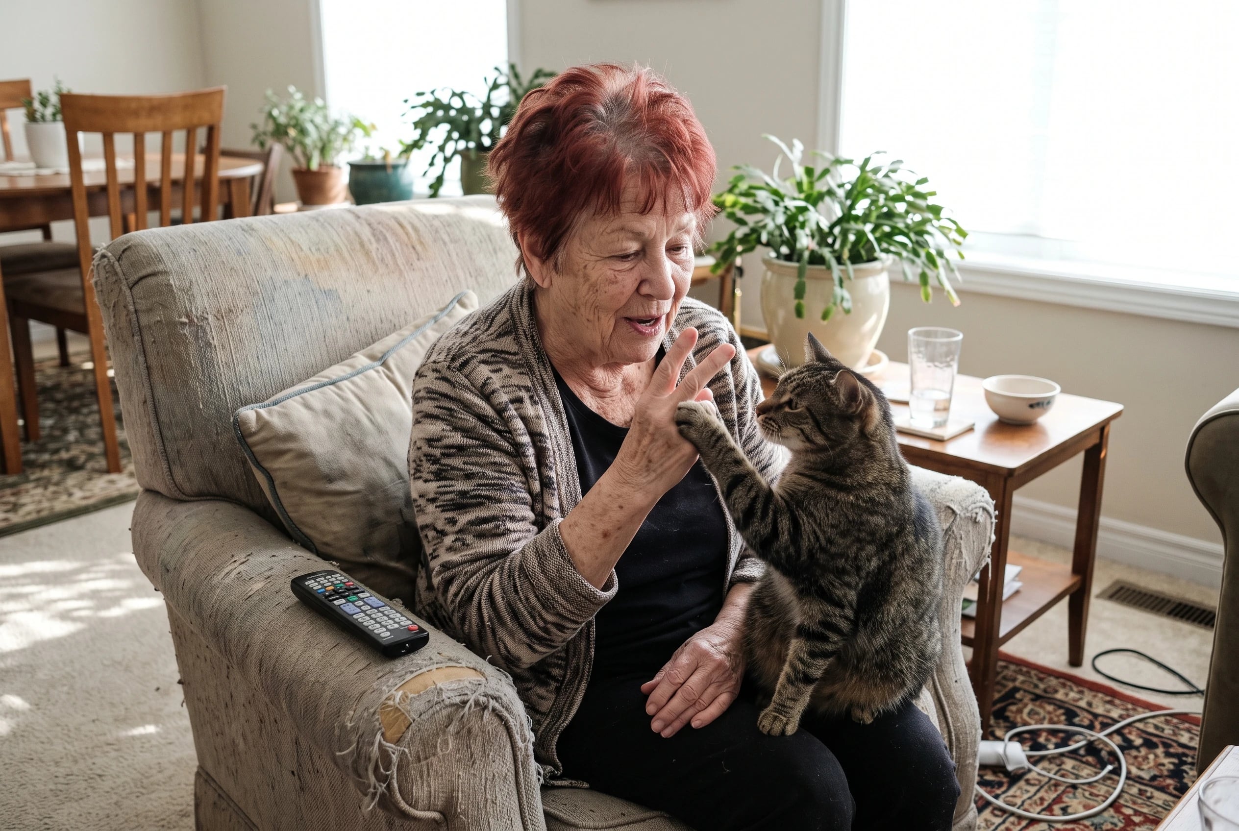 An older woman counts on her fingers beside her cat in a living room armchair.
