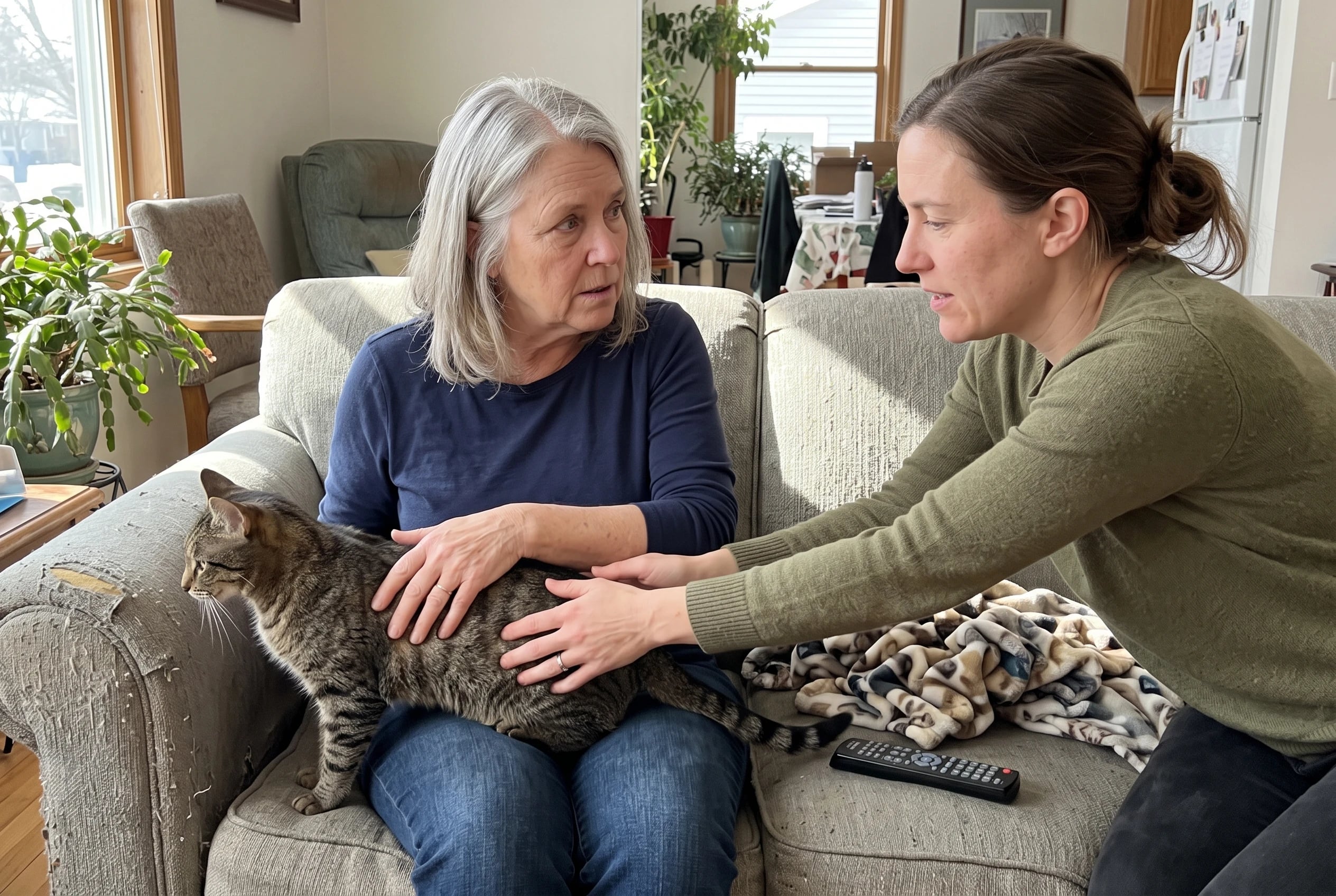 An older woman feels a bump on her cat’s side while sitting on a sofa.