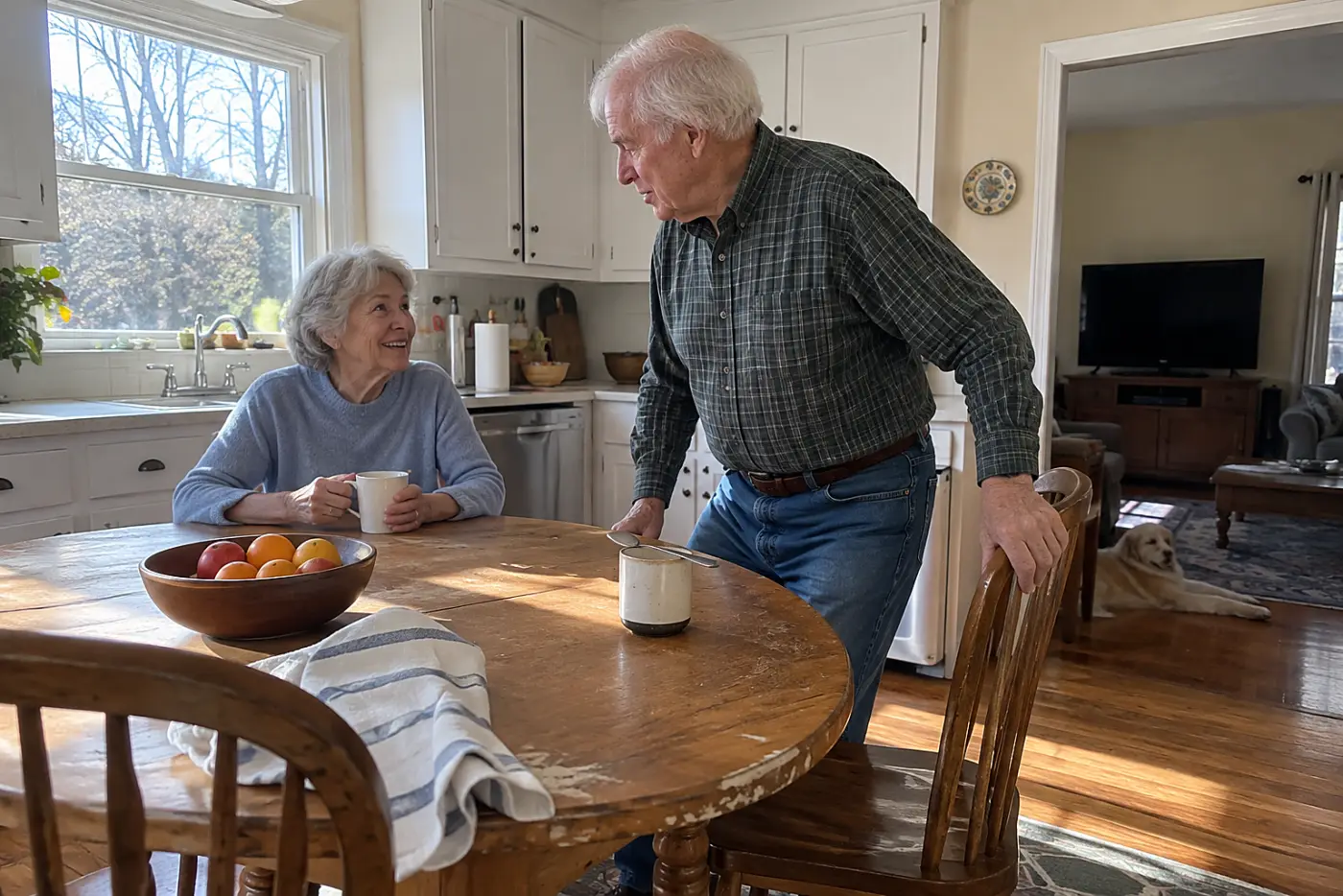 Older woman and her husband talking across a kitchen table with the television off.