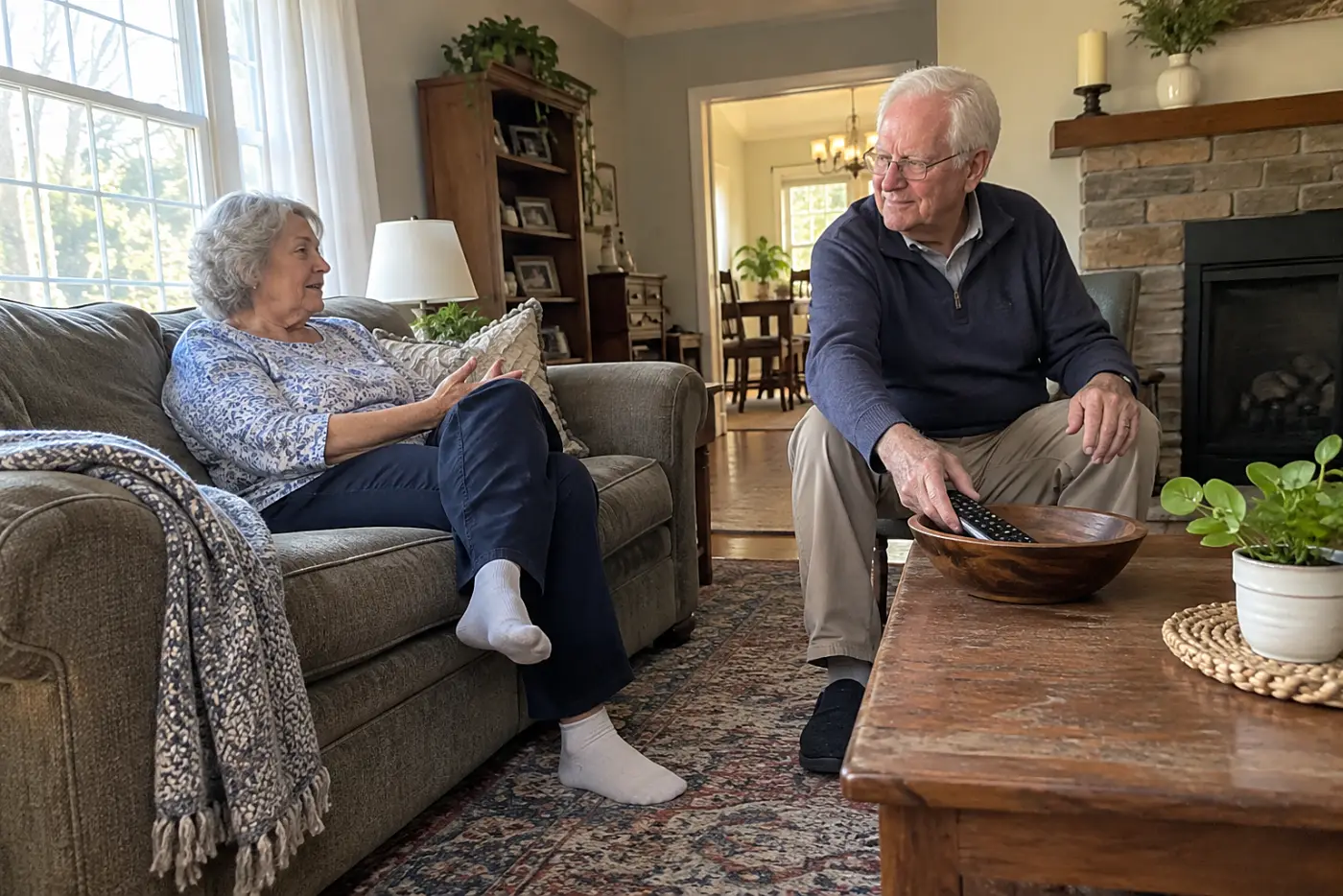 Older man pausing a television while his wife speaks from the sofa.