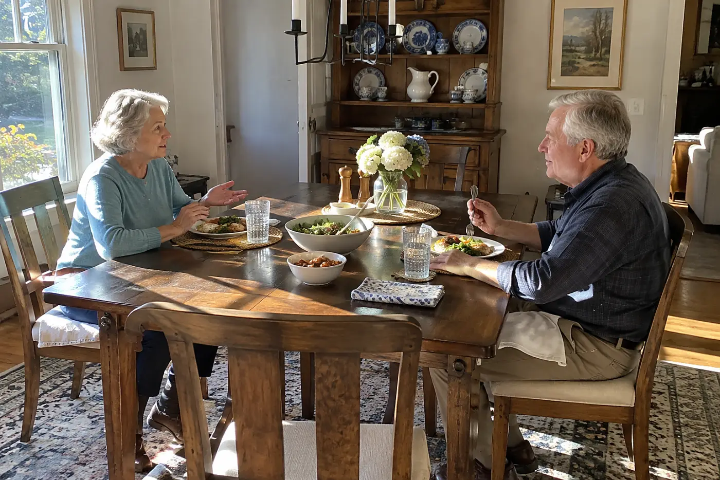 Older woman facing her husband across a dinner table after turning off the television.