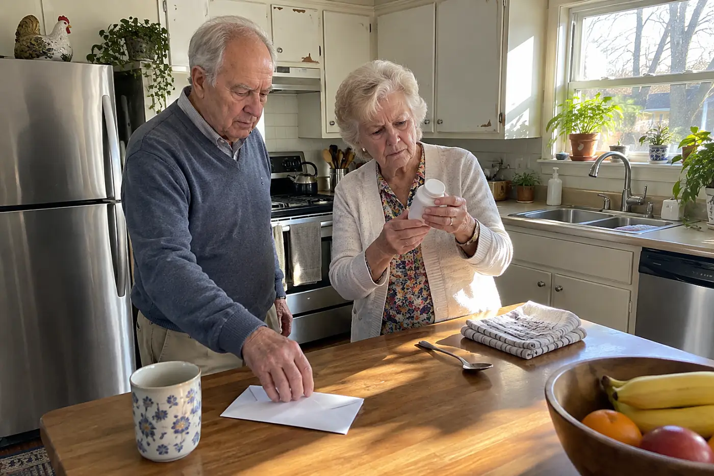 Older couple comparing a pill bottle with its label at their kitchen counter.