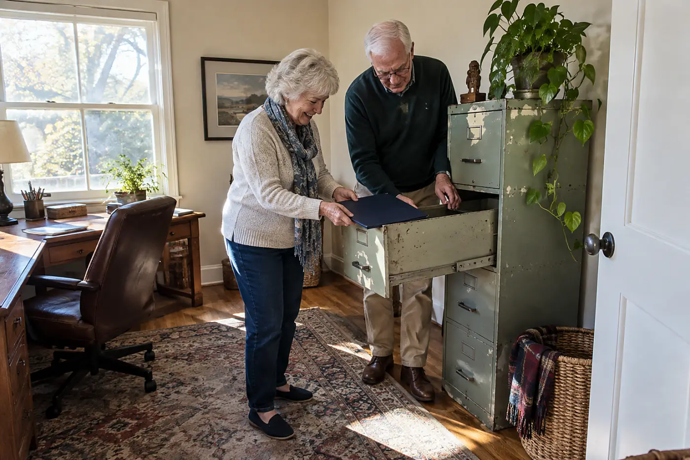 Older couple placing a signed health care directive in a home filing cabinet.