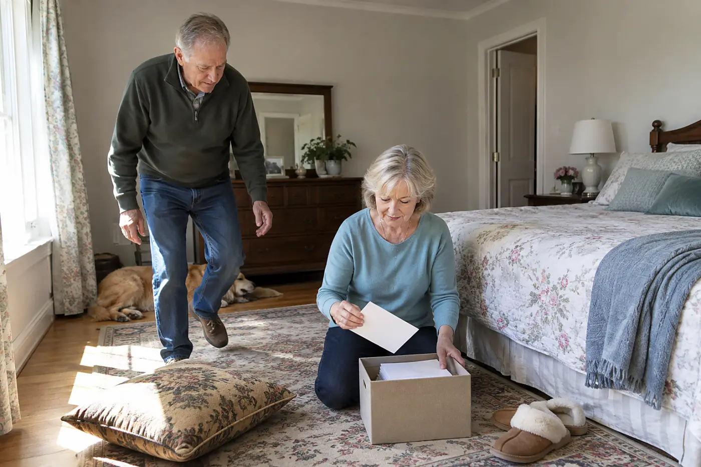 Older woman sorting insurance papers from a shoebox on her bedroom floor.