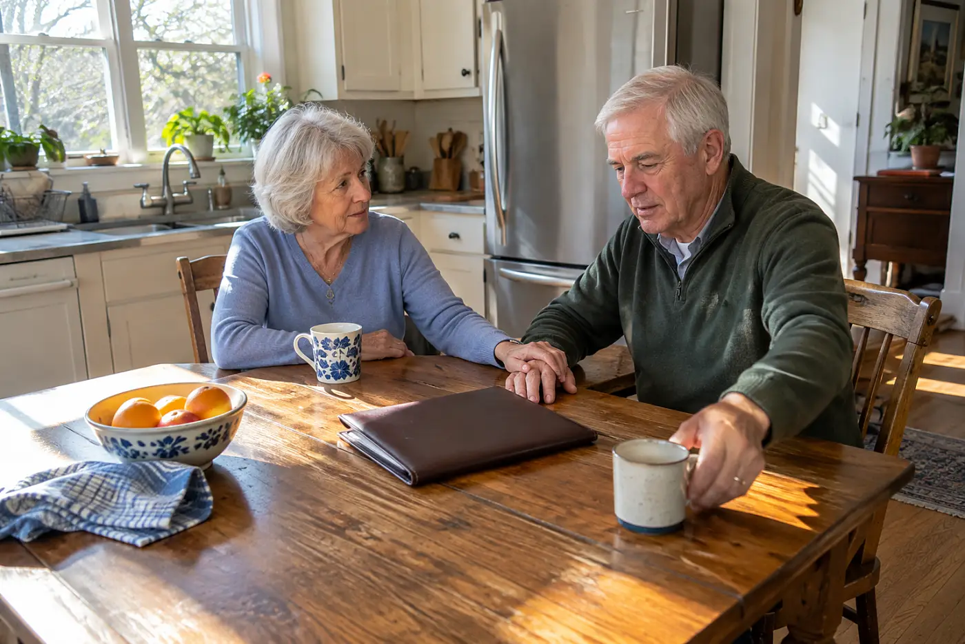 Older couple reading a beneficiary form together at their kitchen table.