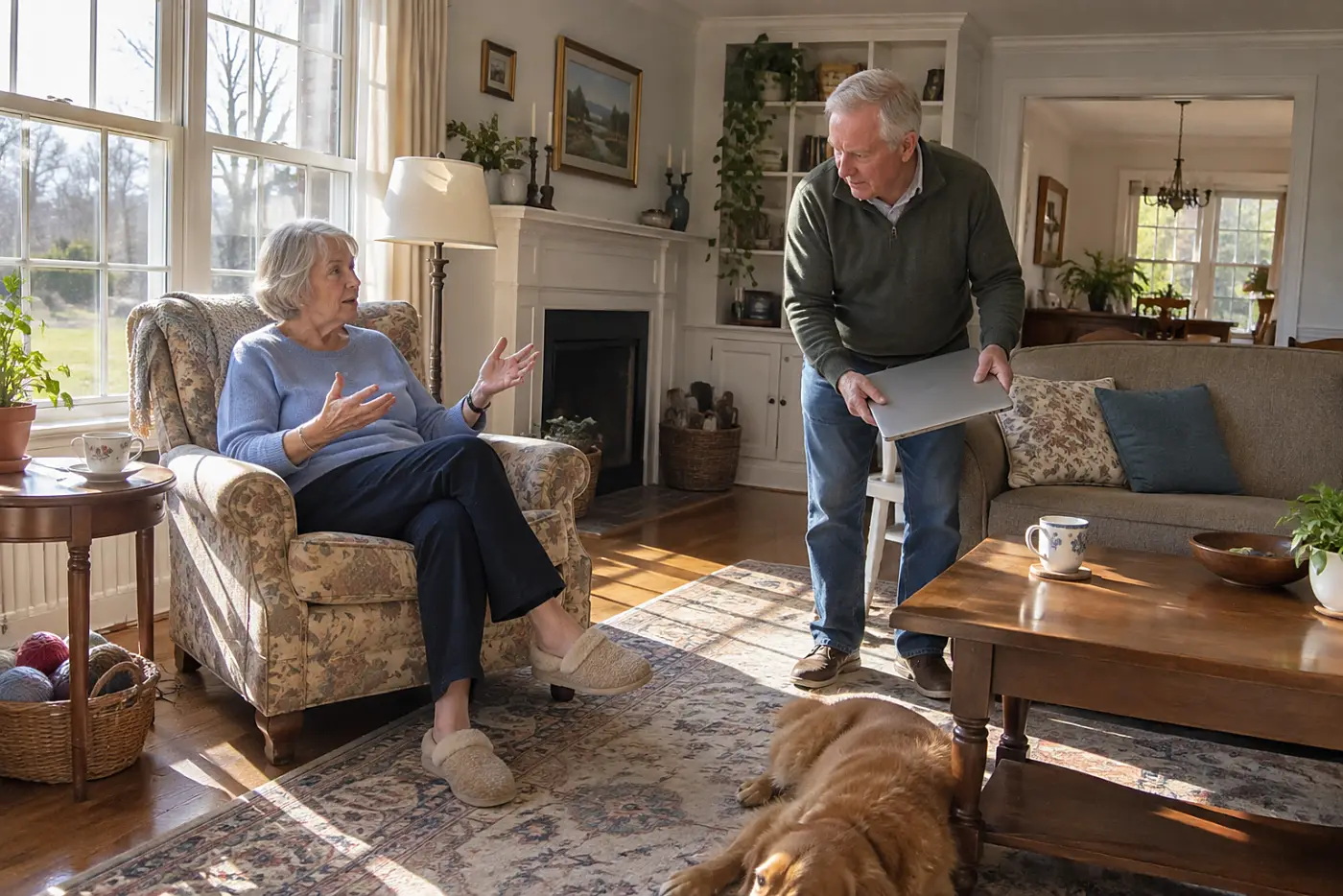 Older woman showing her husband an account statement on a laptop at home.