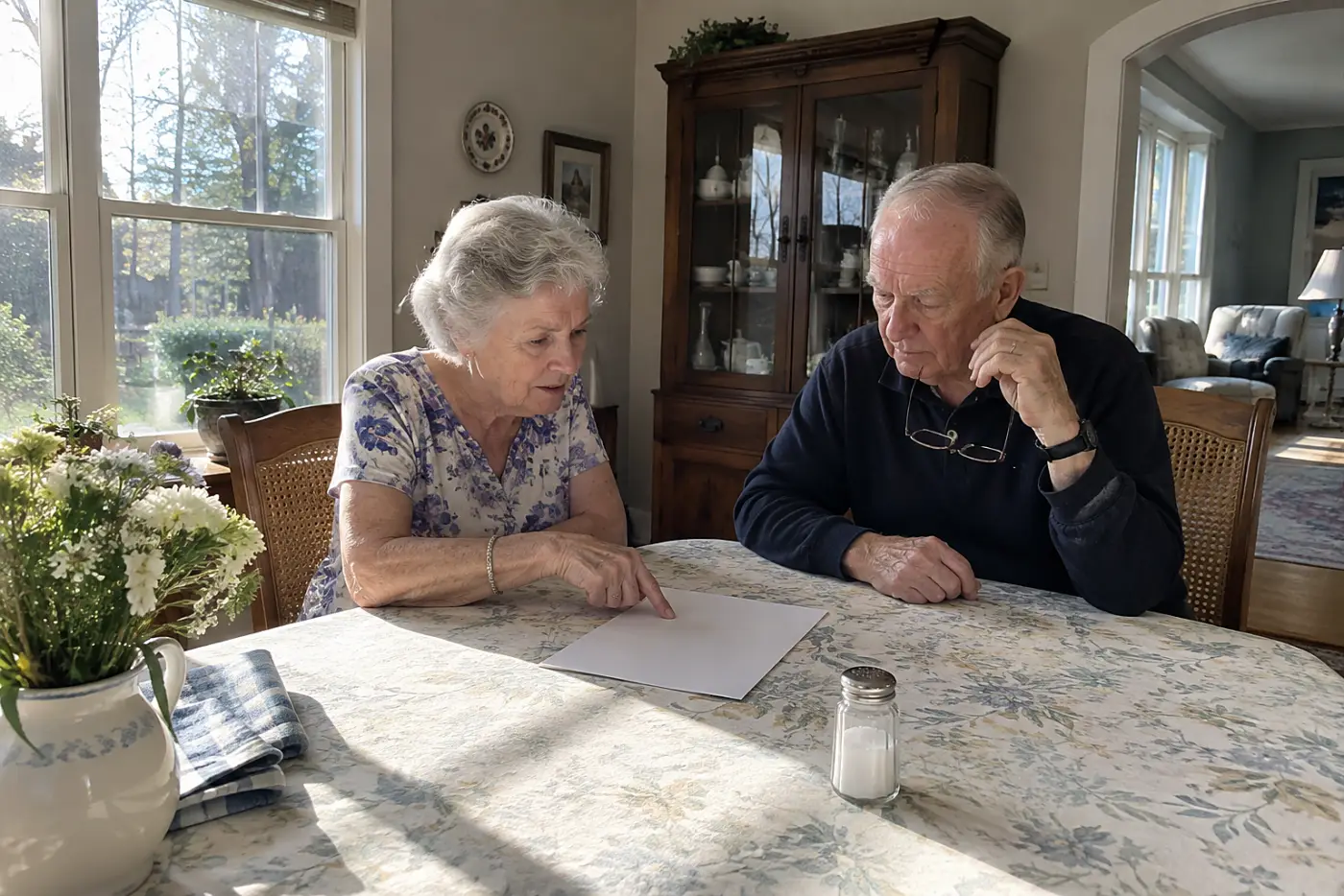 Older couple circling recurring charges on a bank statement in their dining room.