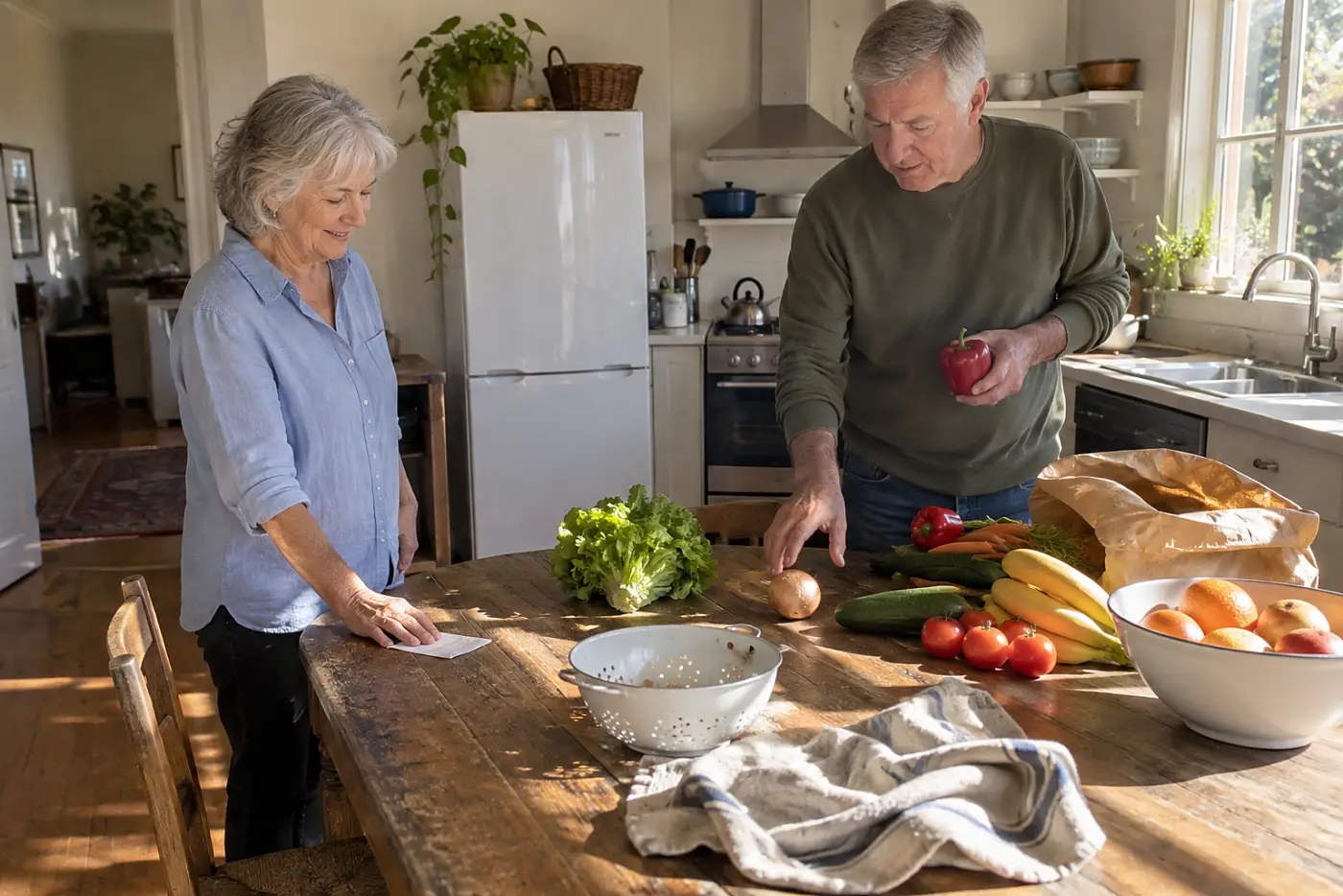 Older woman and her husband reviewing a store receipt at their kitchen table.