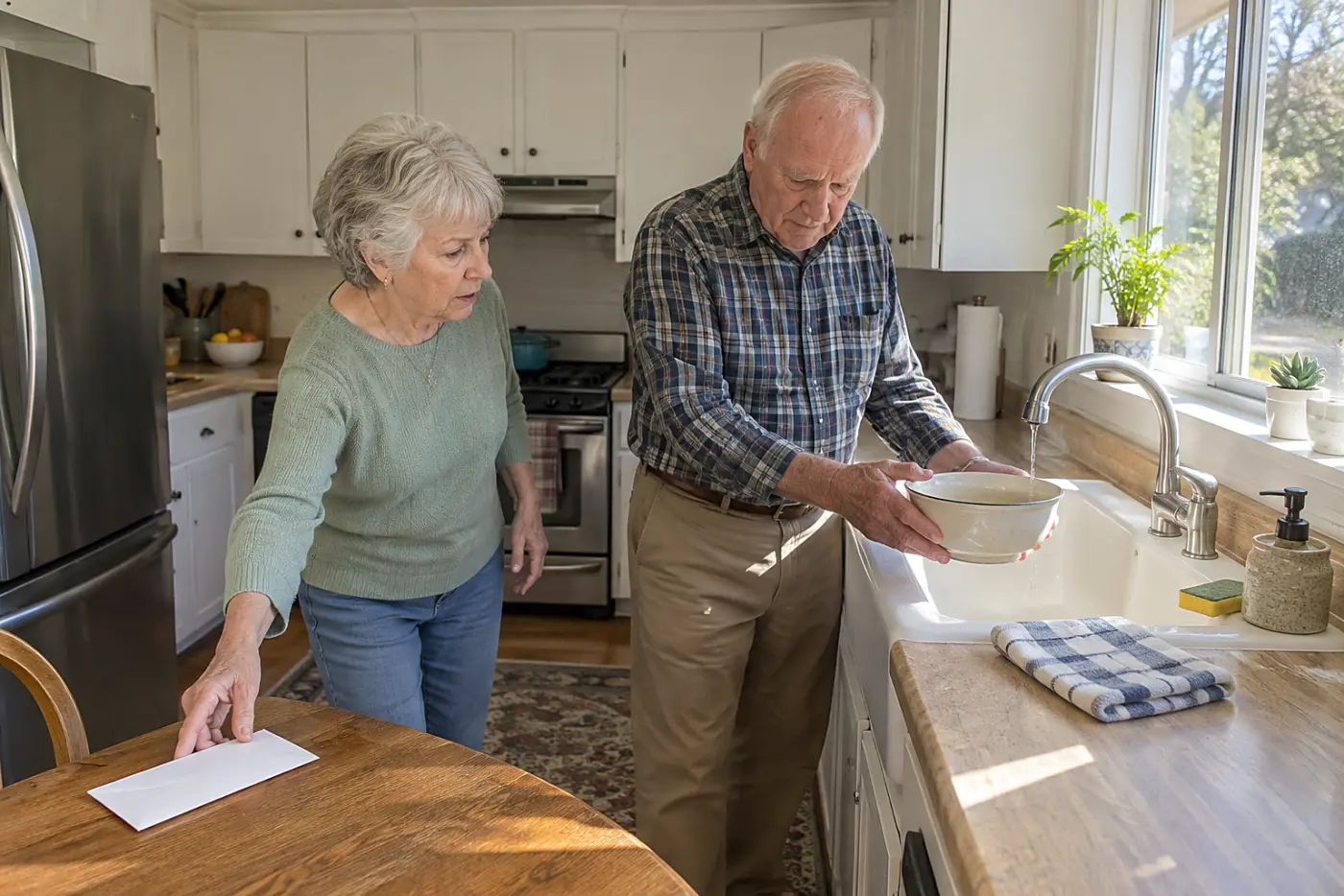 Older couple writing a plumber's name on a note beside a dripping kitchen faucet.