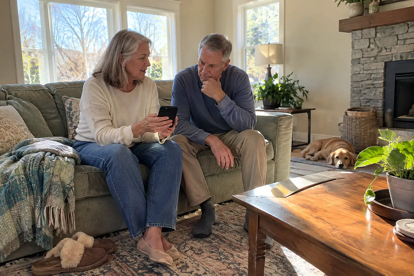 Older woman showing her husband a calendar entry on her phone in their living room.