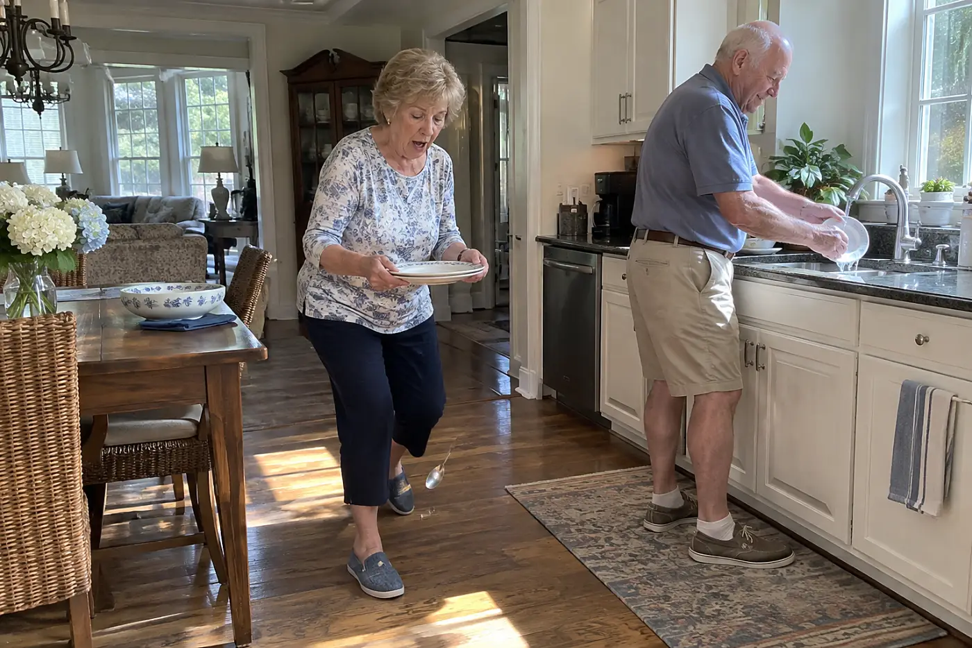 Older man washing plates while his wife clears the dining table at home.