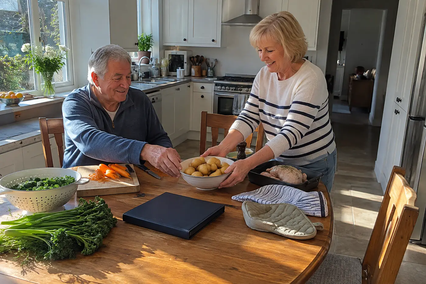 Older couple dividing dinner tasks beside a shopping list at their kitchen table.