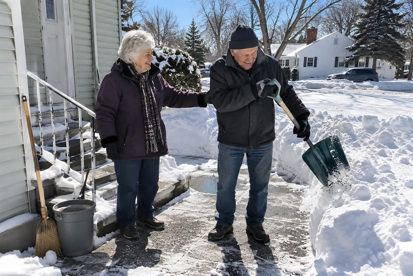 Older woman thanking her husband beside a cleared snowy walkway.