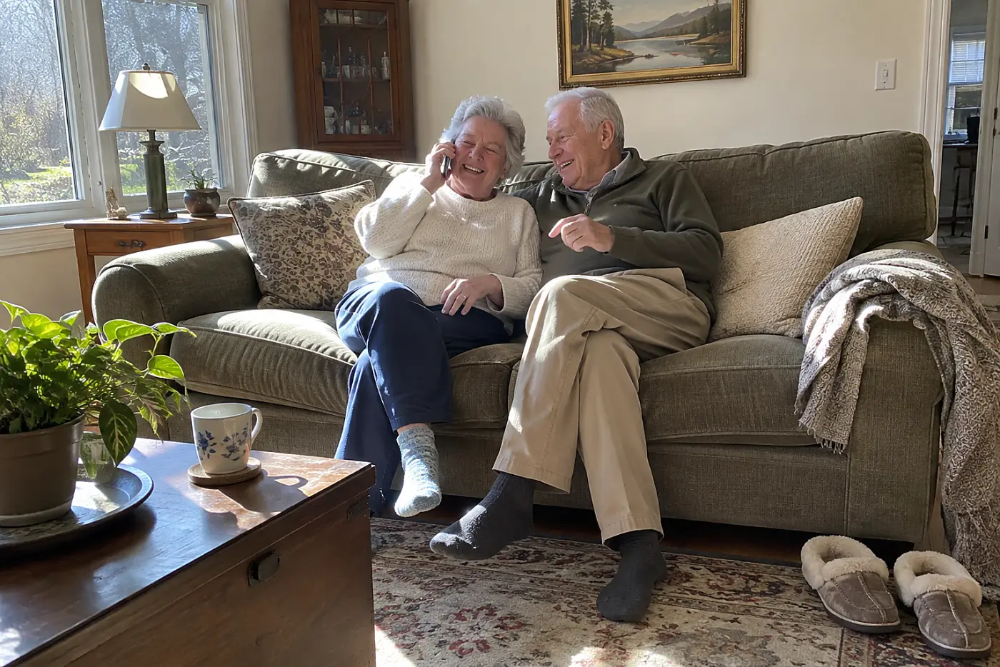 Older couple calling a relative together from their living room sofa.
