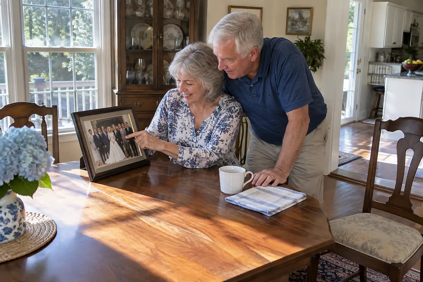Older woman identifying a guest in a wedding photograph at her dining table.