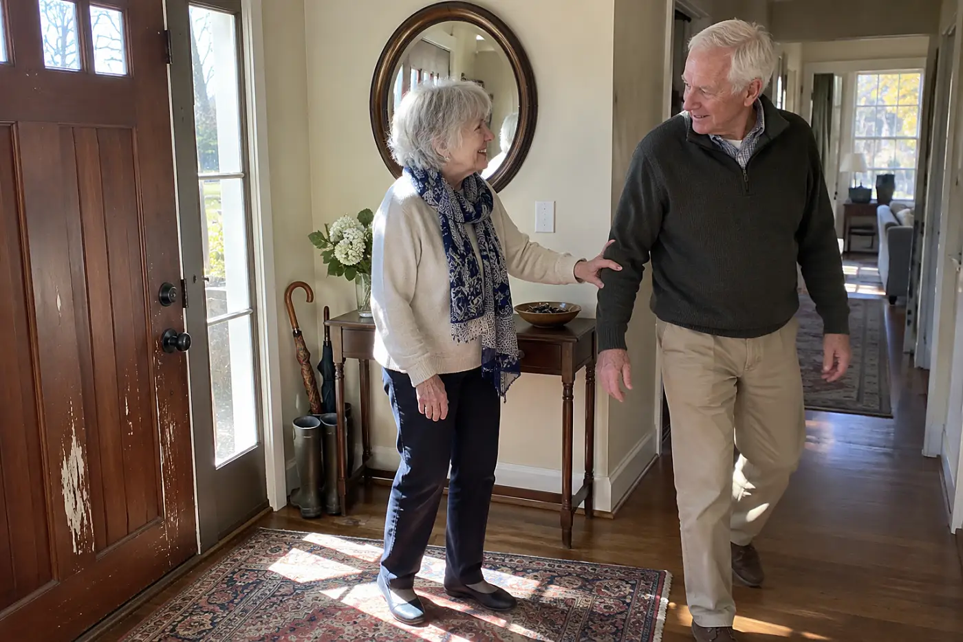 Older couple talking beside a front door after setting down their keys.