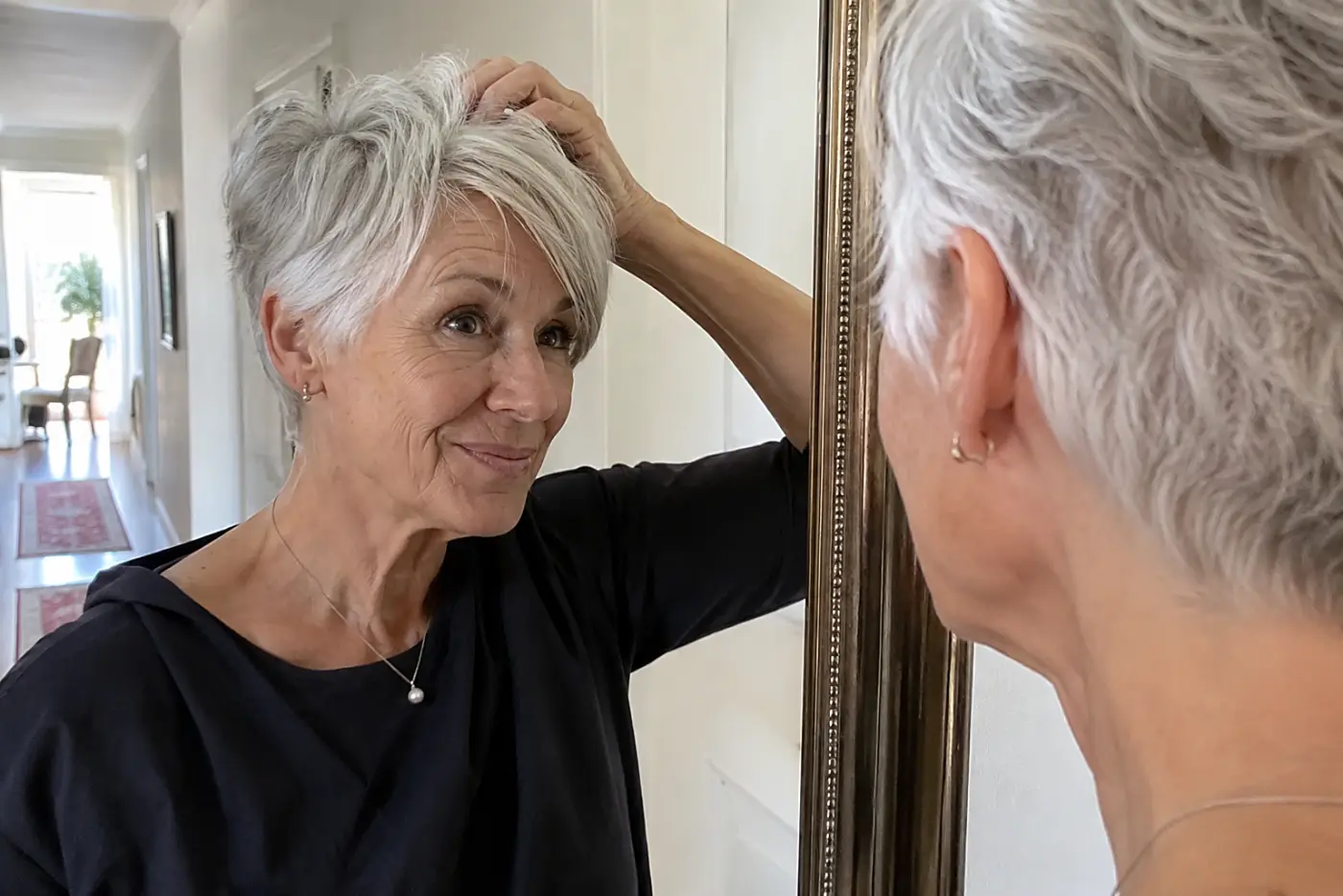 Woman with a textured pixie sliding her glasses on while standing at a kitchen counter in the morning.