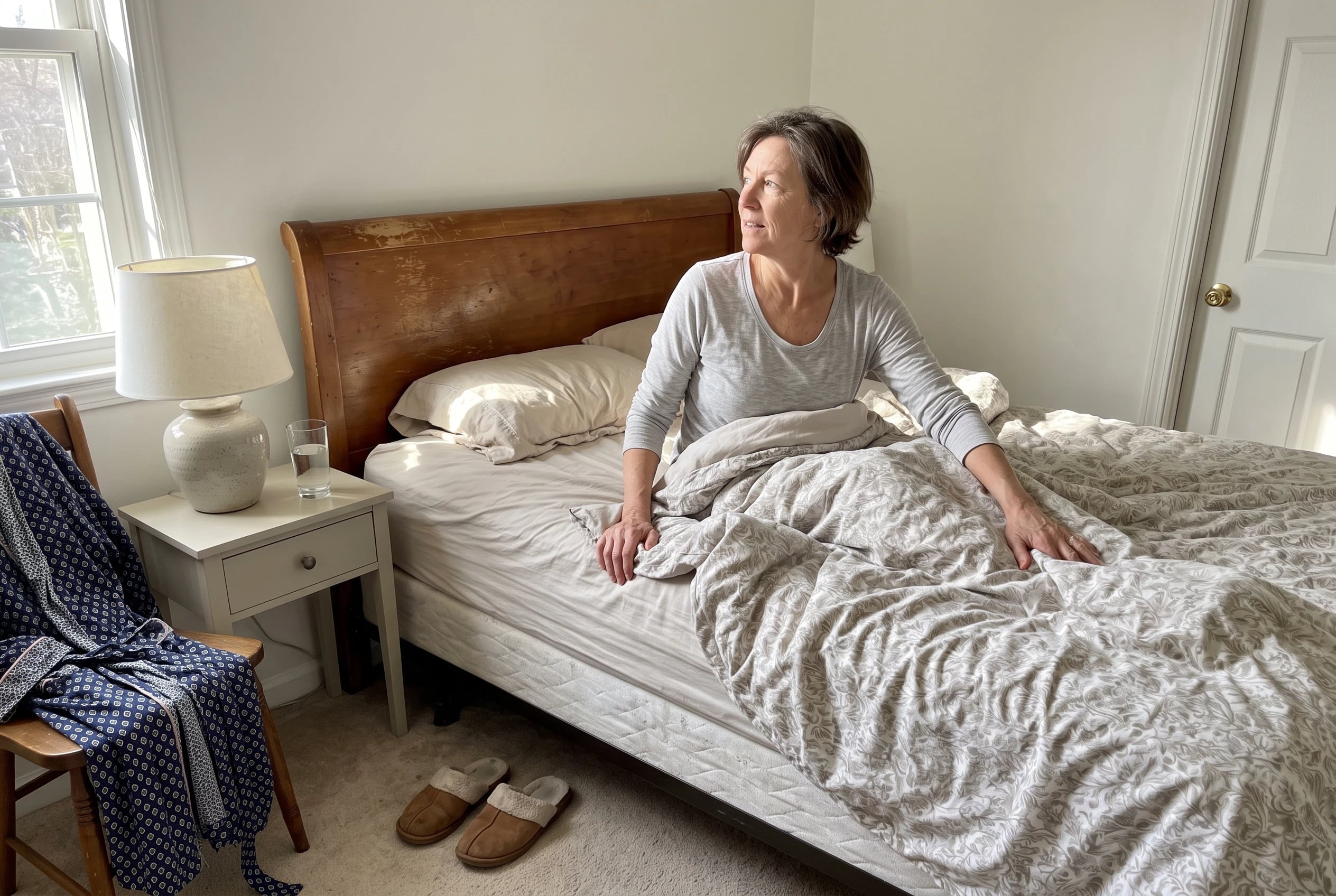 Woman in her sixties sits upright in bed with her hands off the blanket.