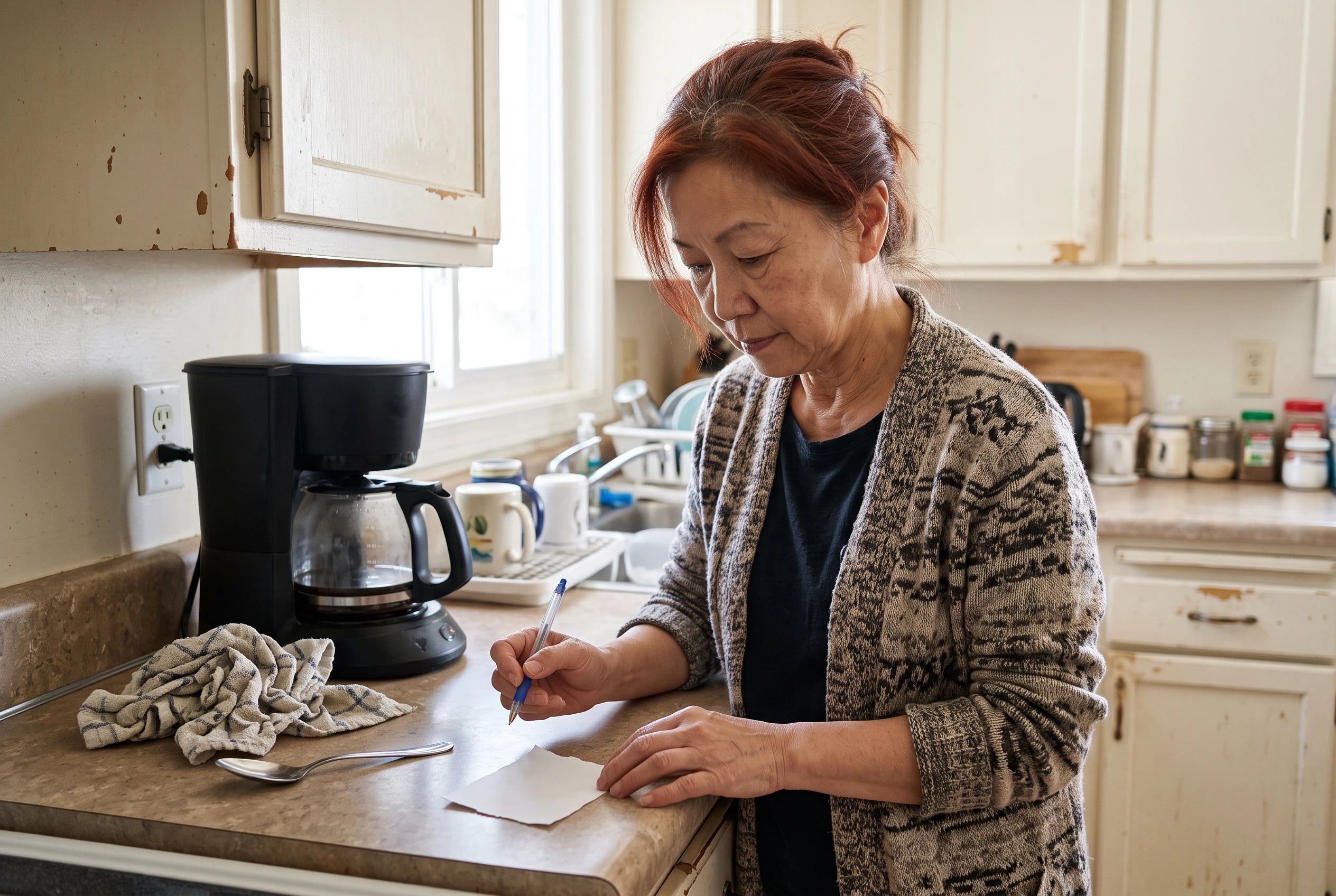 Woman in her sixties writes a short reminder on a note beside her coffee maker.
