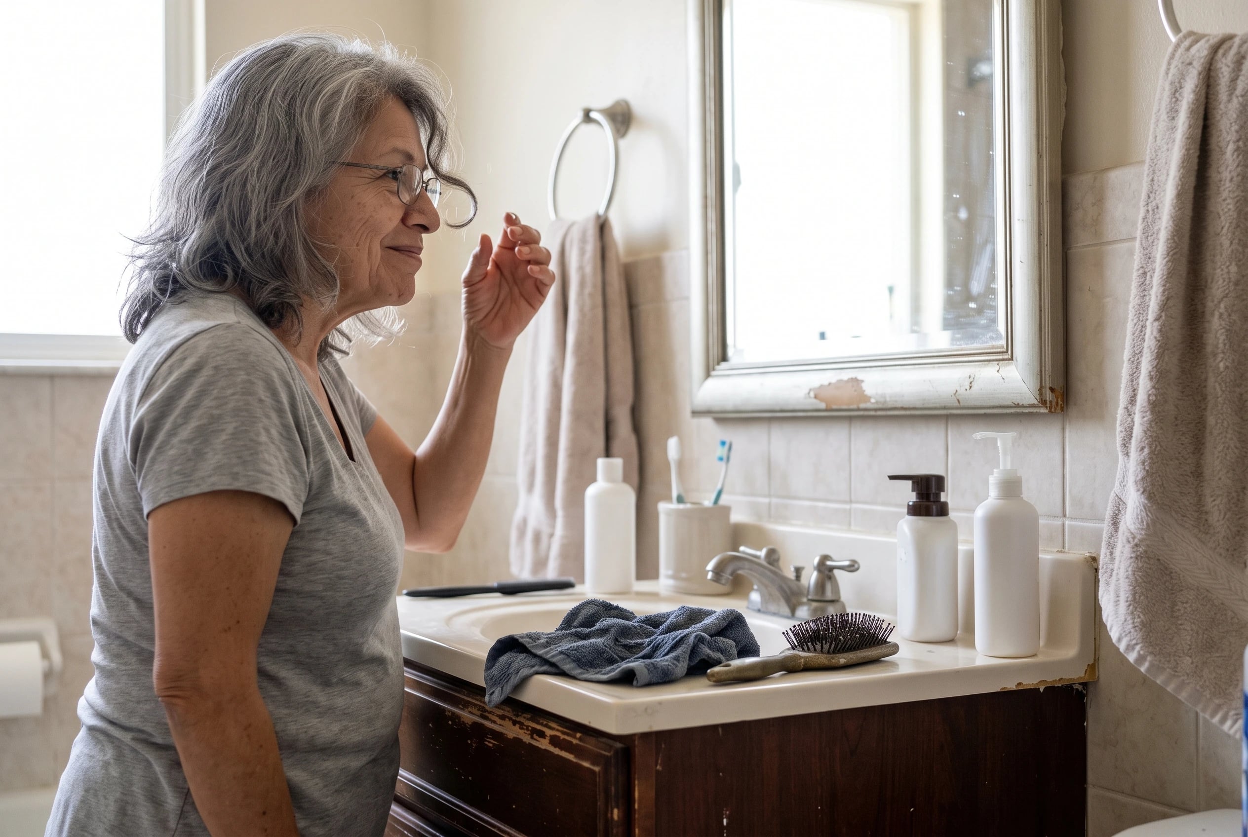 Woman in her sixties raises her hand to her reflection in a bathroom mirror.