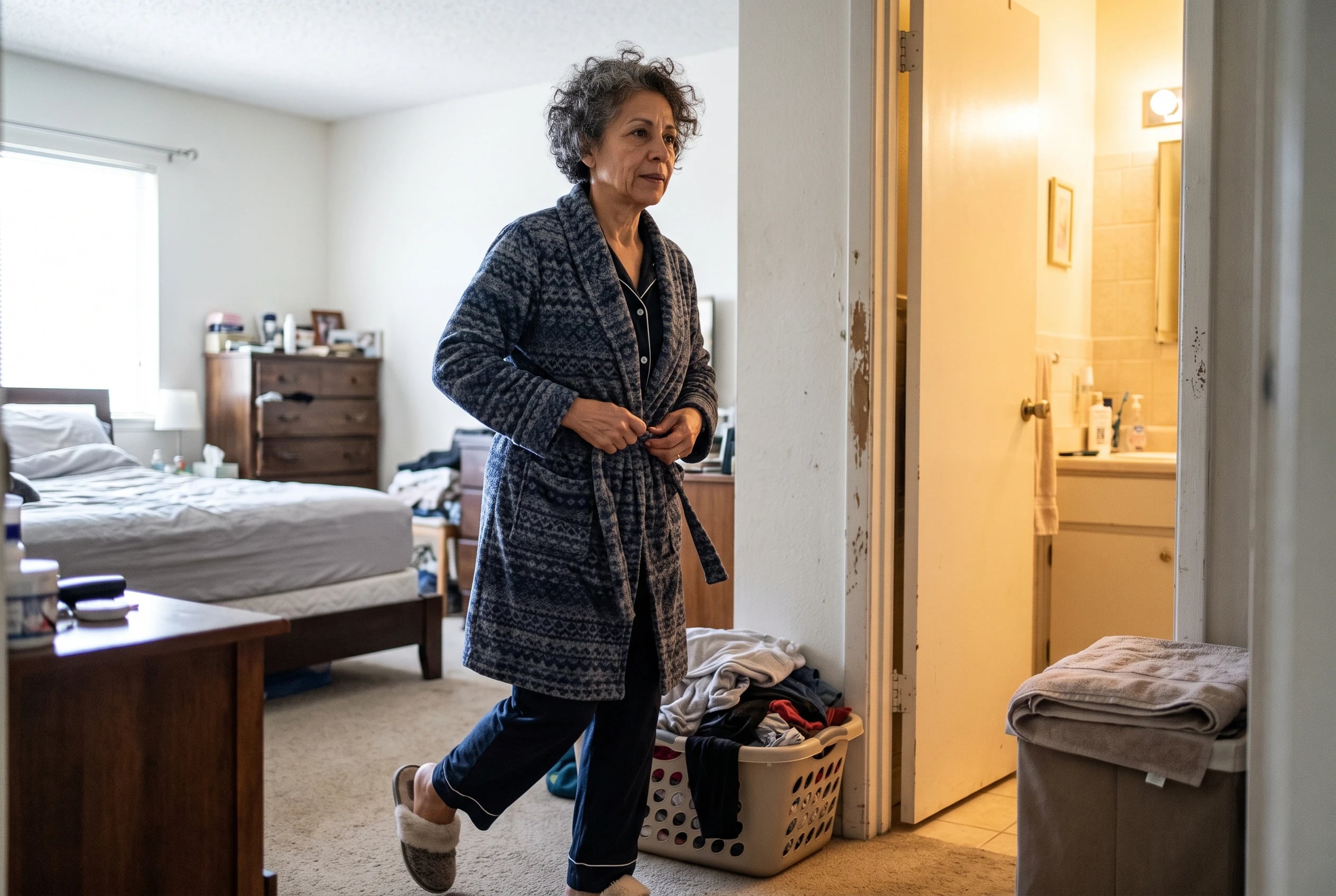 Woman in her sixties walks toward her lit bathroom from the bedroom.