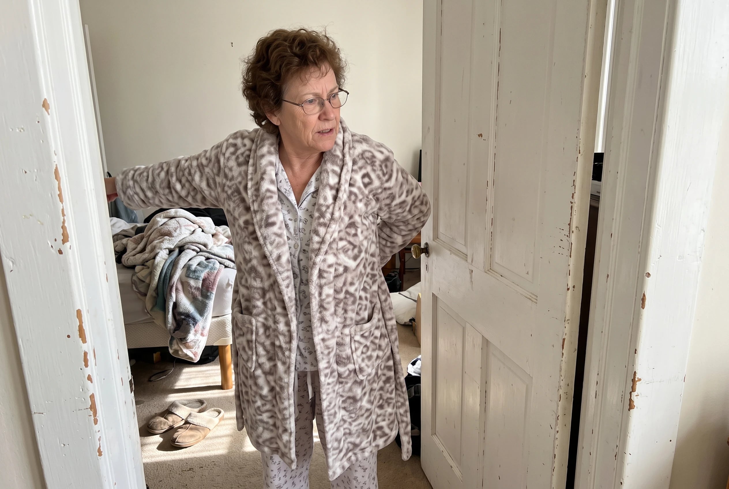 Woman in her sixties puts on a robe beside her bedroom door.