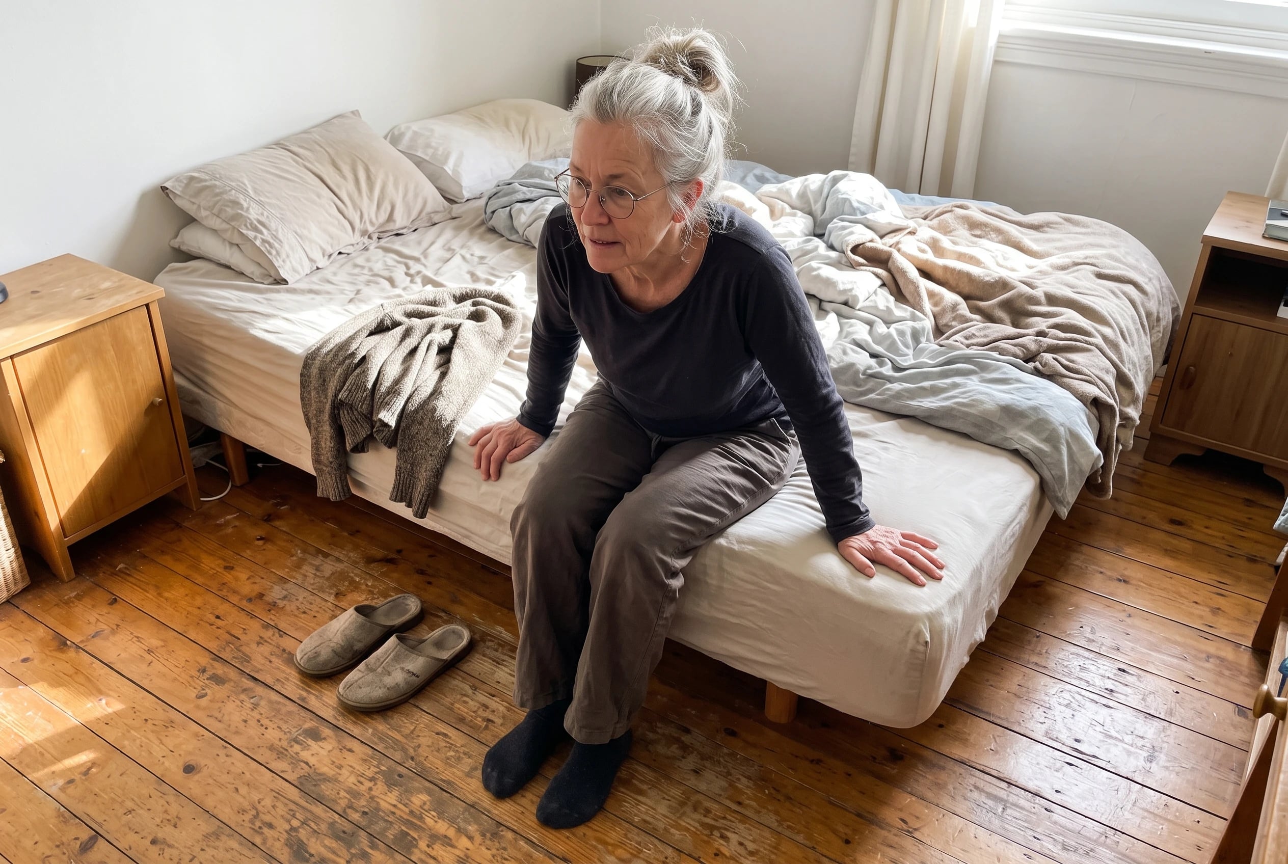 Woman in her sixties rests both feet on her bedroom floor before standing.