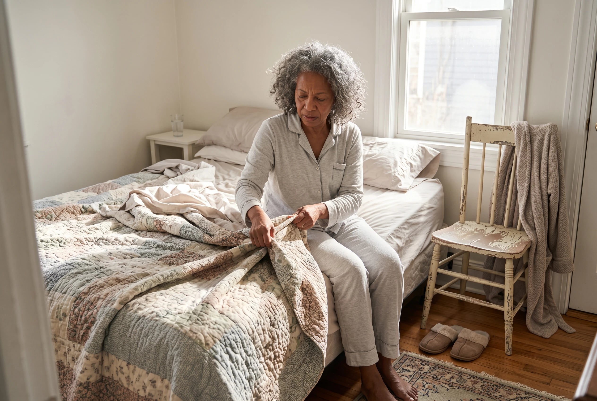 Woman in her sixties folds her blanket down to her knees while sitting in bed.