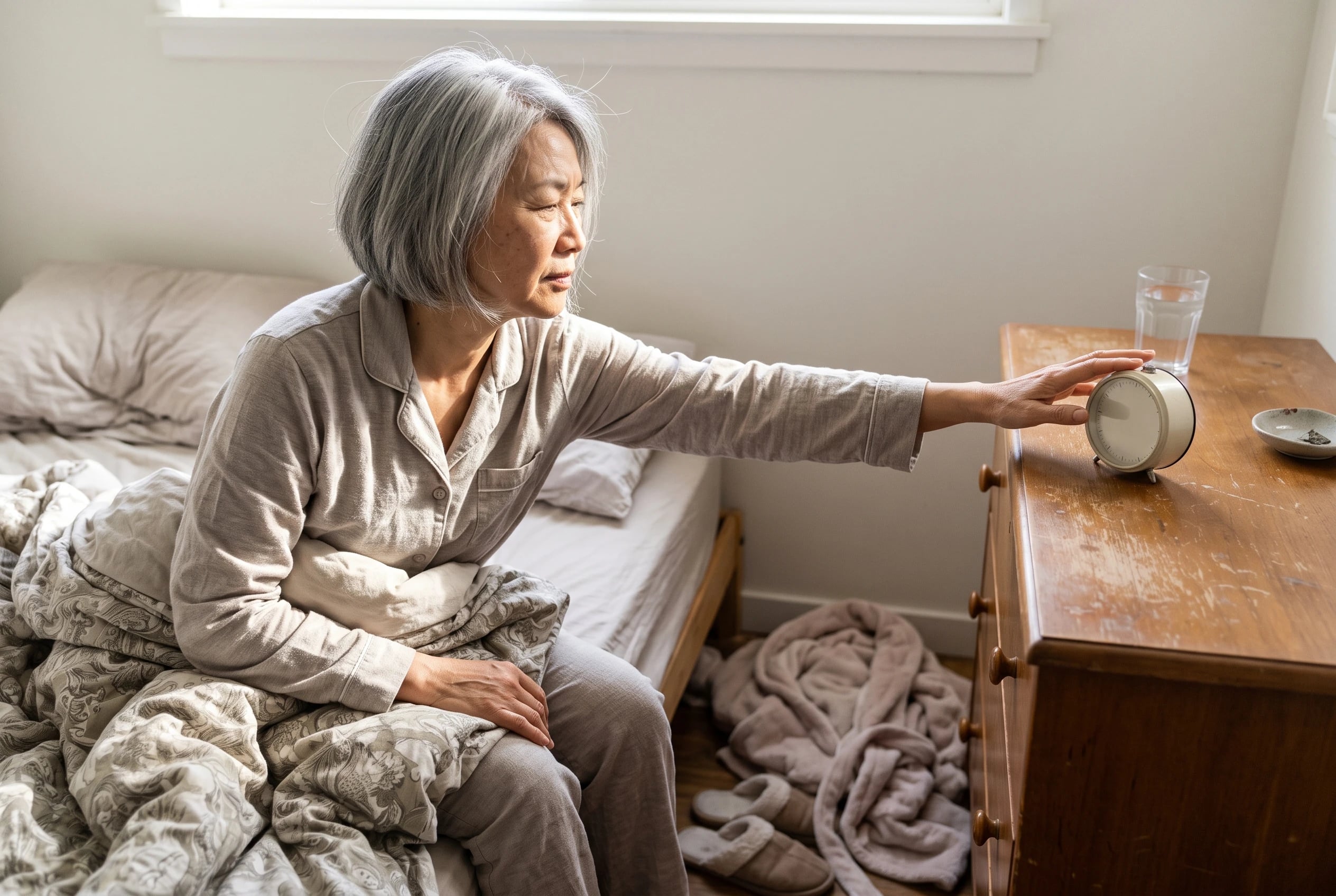 Woman in her sixties sits up in bed to silence an alarm clock on a nearby dresser.