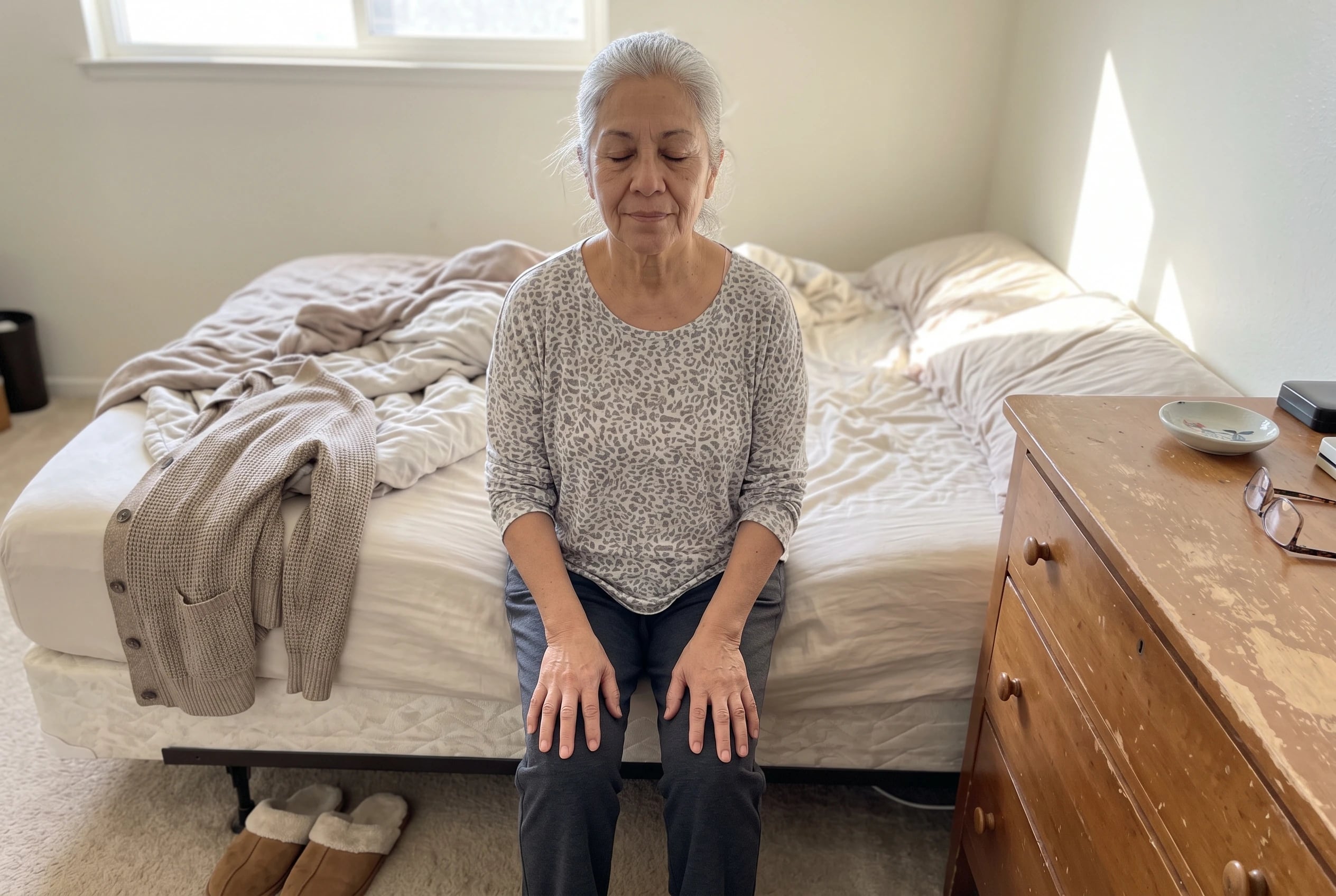 Woman in her sixties sits on her bed counting backward on her fingers.