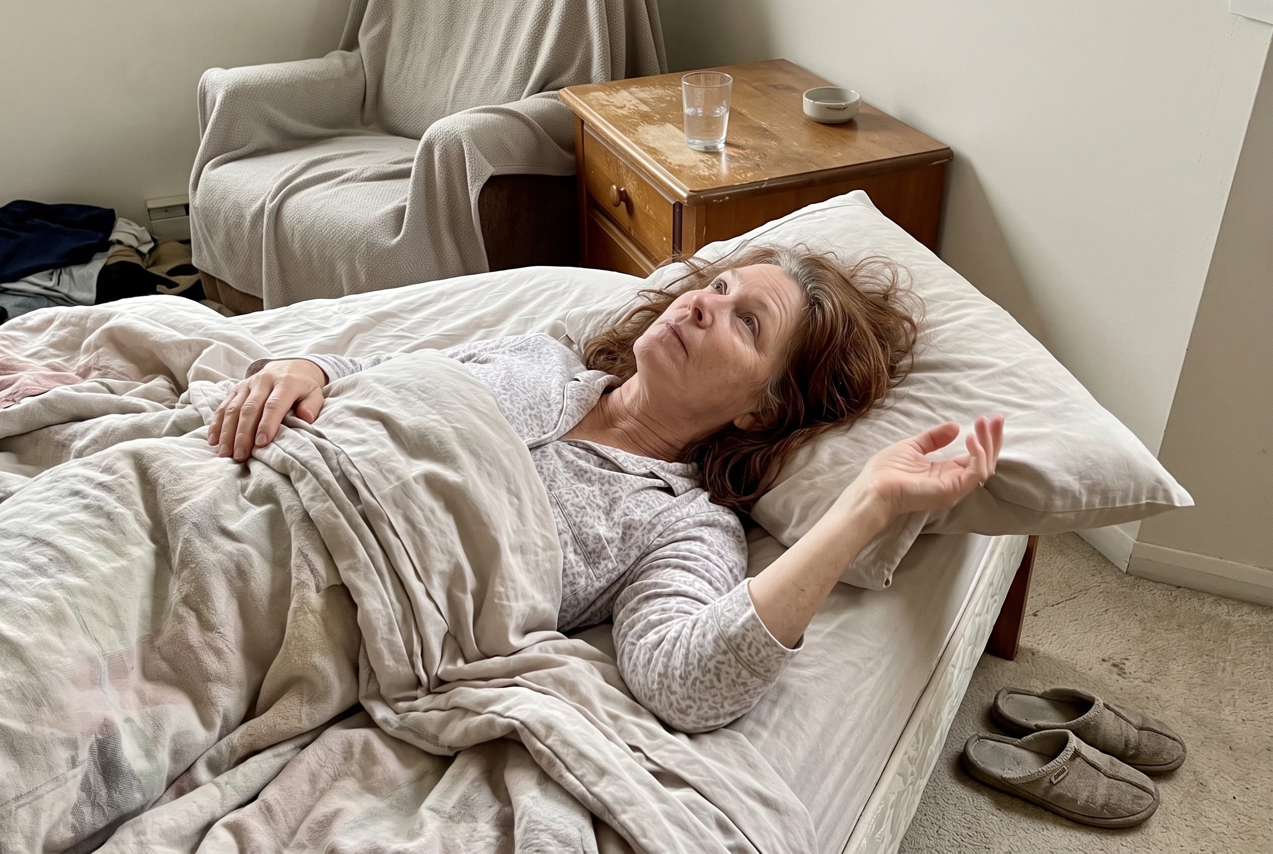 Woman in her sixties lies awake in bed looking at a crack in her bedroom ceiling.
