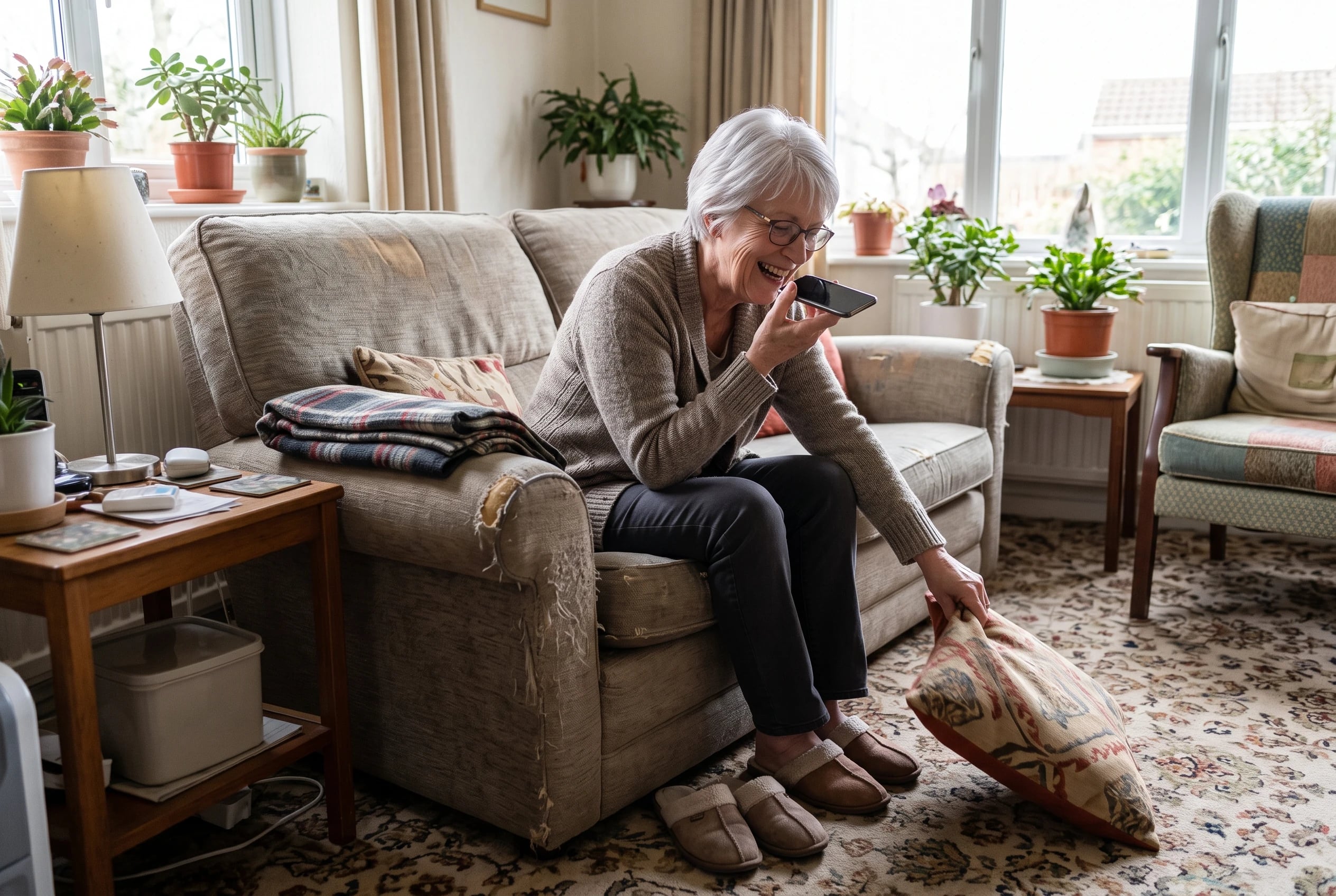 Woman in her sixties speaks on the phone while seated on her living room sofa.