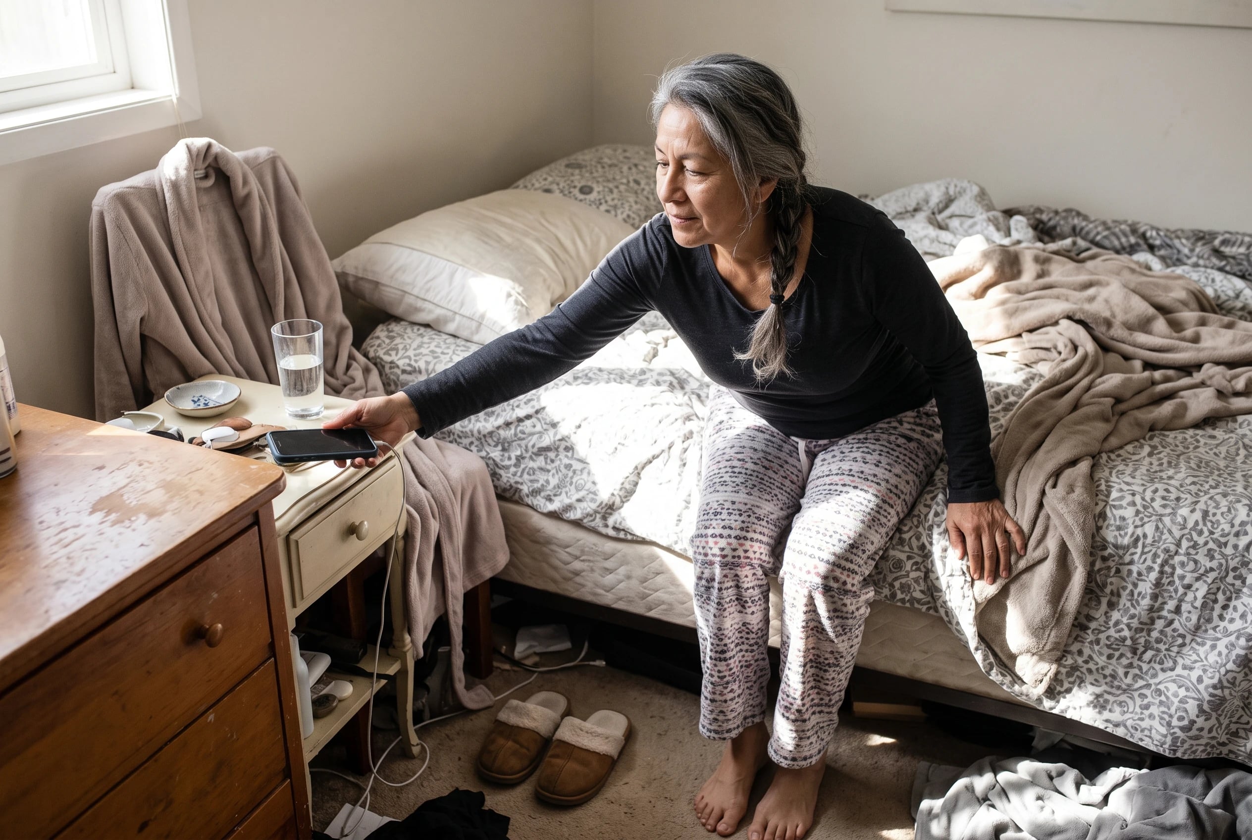 Woman in her sixties moves her phone from the bedside to a bedroom dresser.