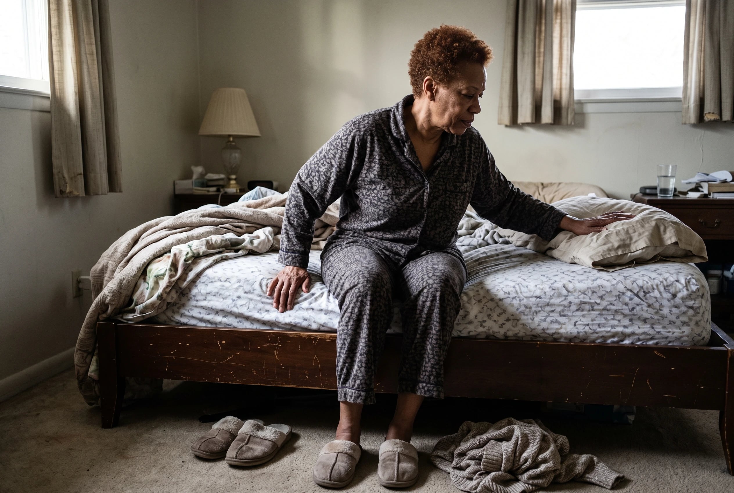 Woman in her sixties sits on the edge of her bed after waking.