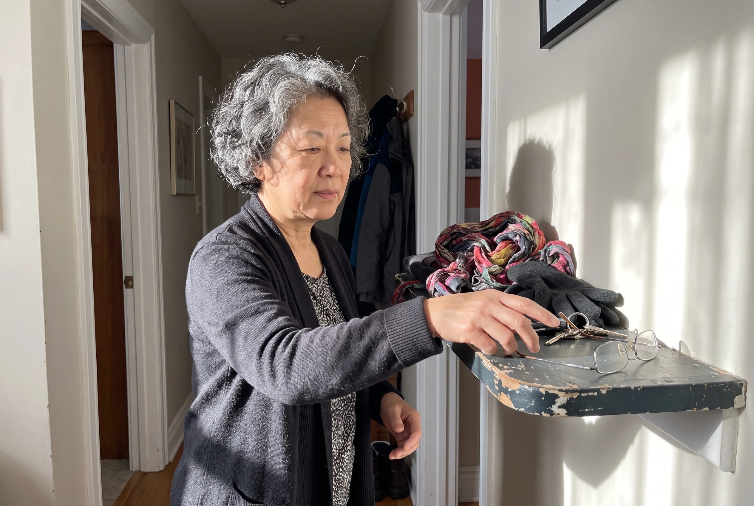 Woman in her sixties places her keys beside her glasses on a hallway shelf.