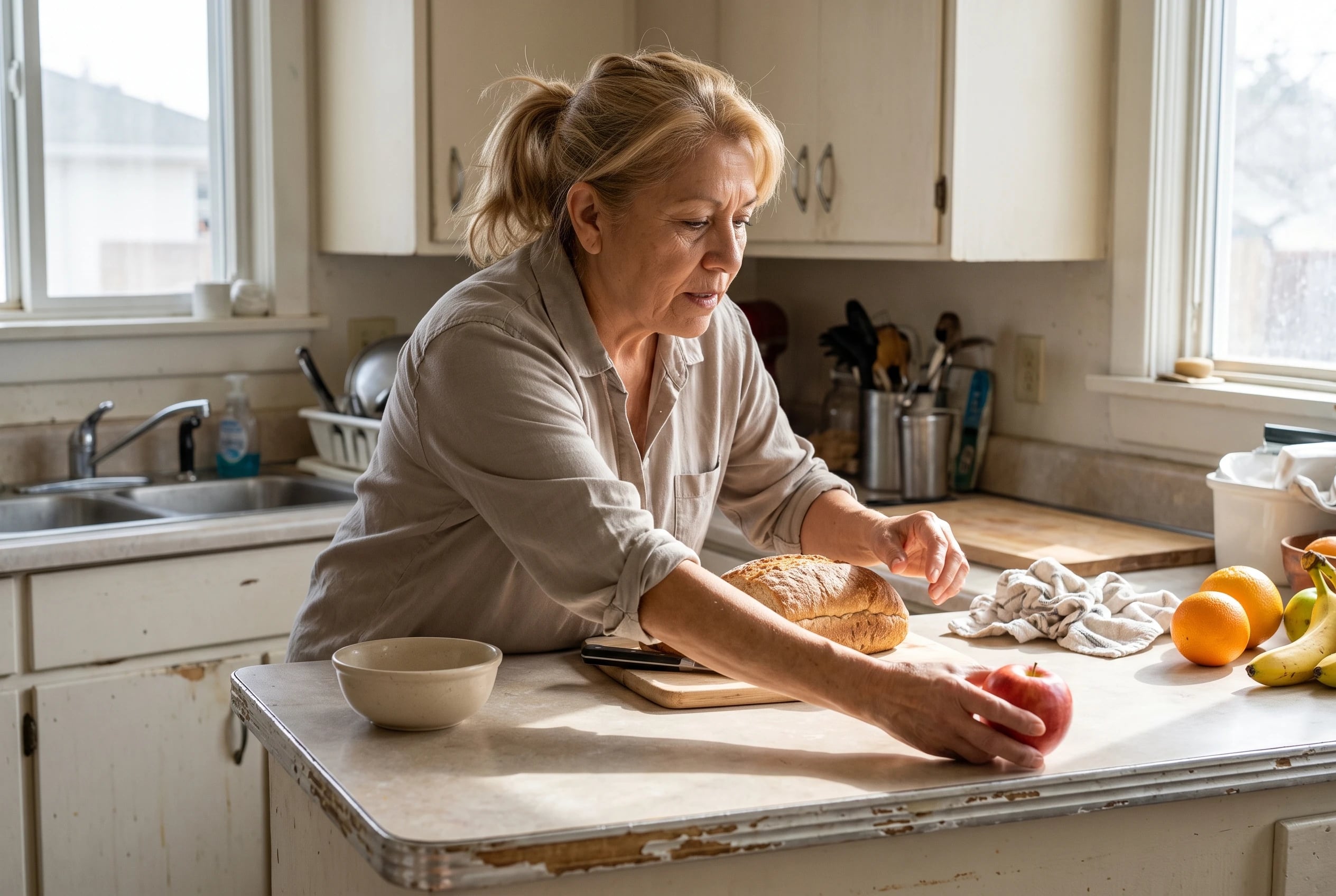 Woman in her sixties takes bread and fruit from her kitchen counter for breakfast.